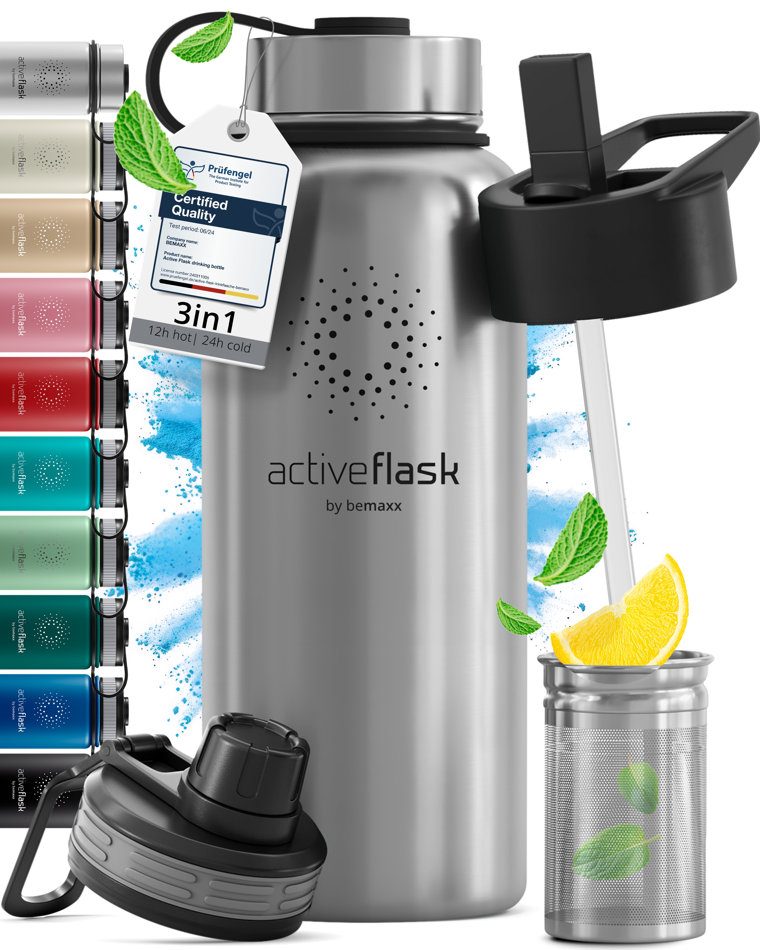 bemaxx Active Flask mit 3 Deckeln, Sieb und Farben – 3in1 Isolierflasche, BPA-frei, 12h heiß / 24h kalt.