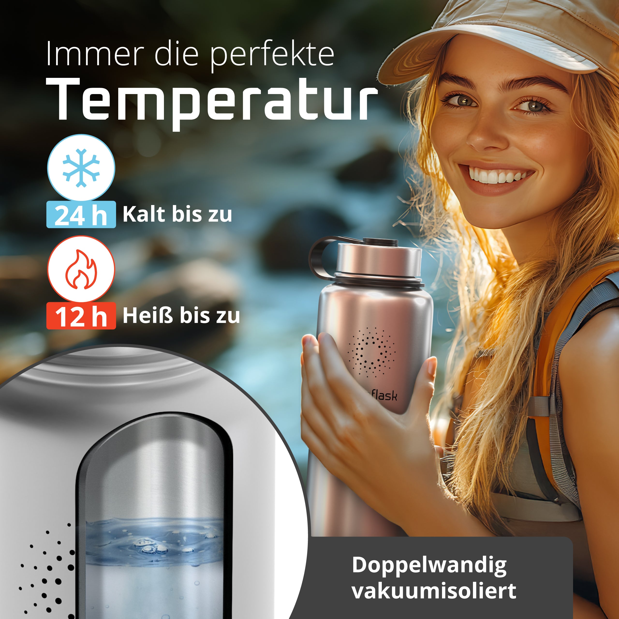 Frau mit bemaxx Active Flask beim Wandern – 24h kalt, 12h heiß, vakuumisoliert, perfekte Temperatur überall.