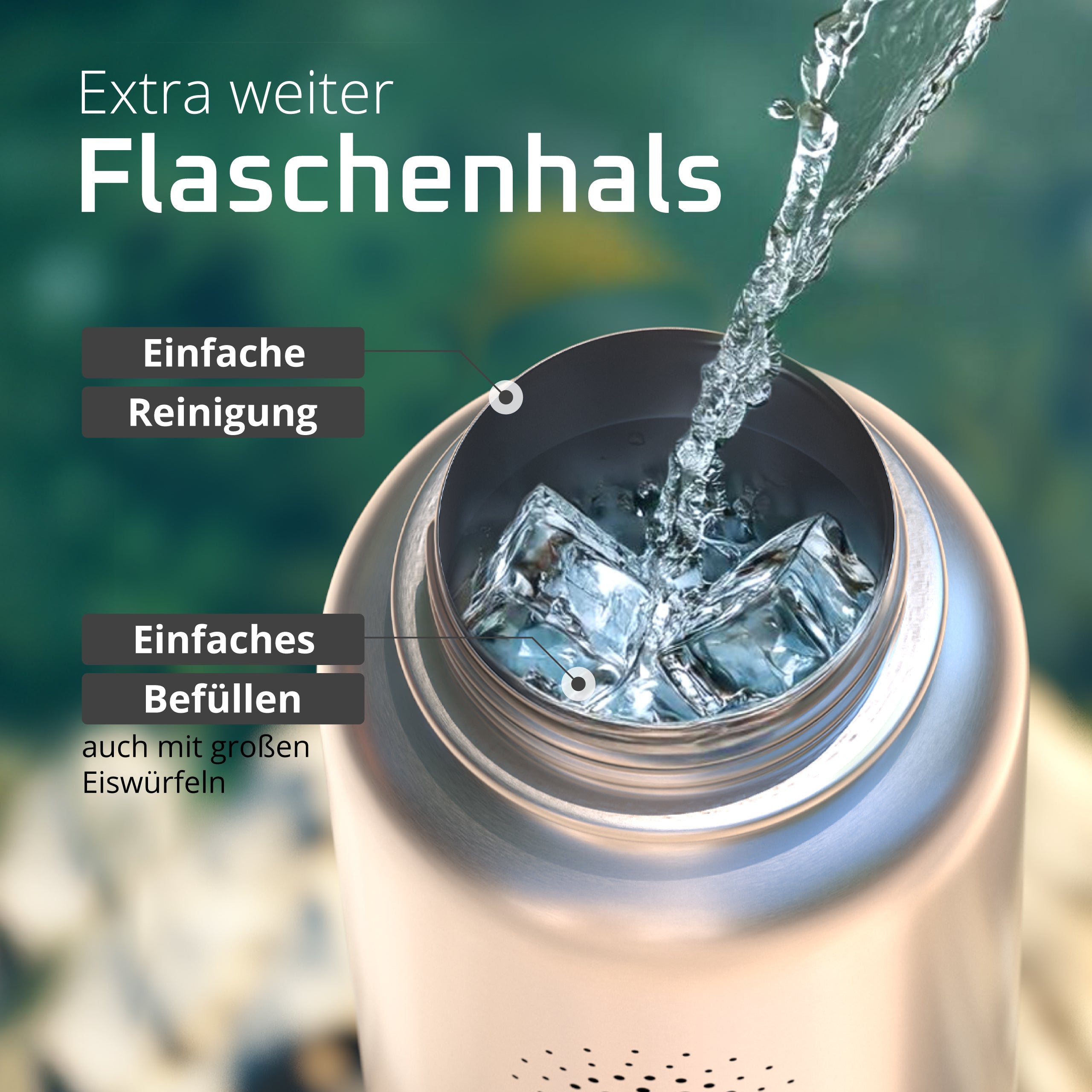 Extra weiter Flaschenhals der bemaxx Active Flask – leicht zu befüllen und reinigen, auch für große Eiswürfel.