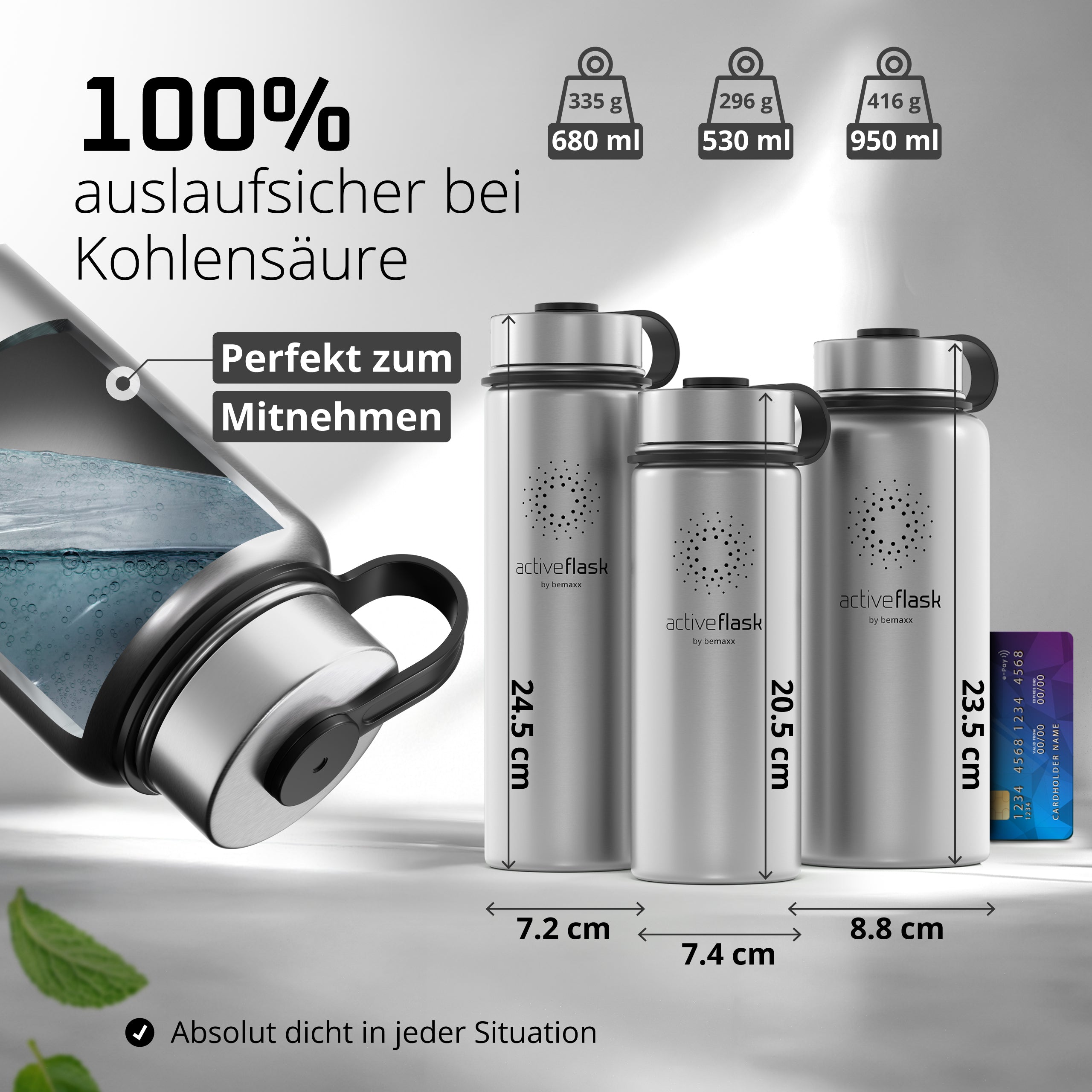 bemaxx Active Flask – 100 % auslaufsicher bei Kohlensäure, 3 Größen, ideal zum Mitnehmen unterwegs.
