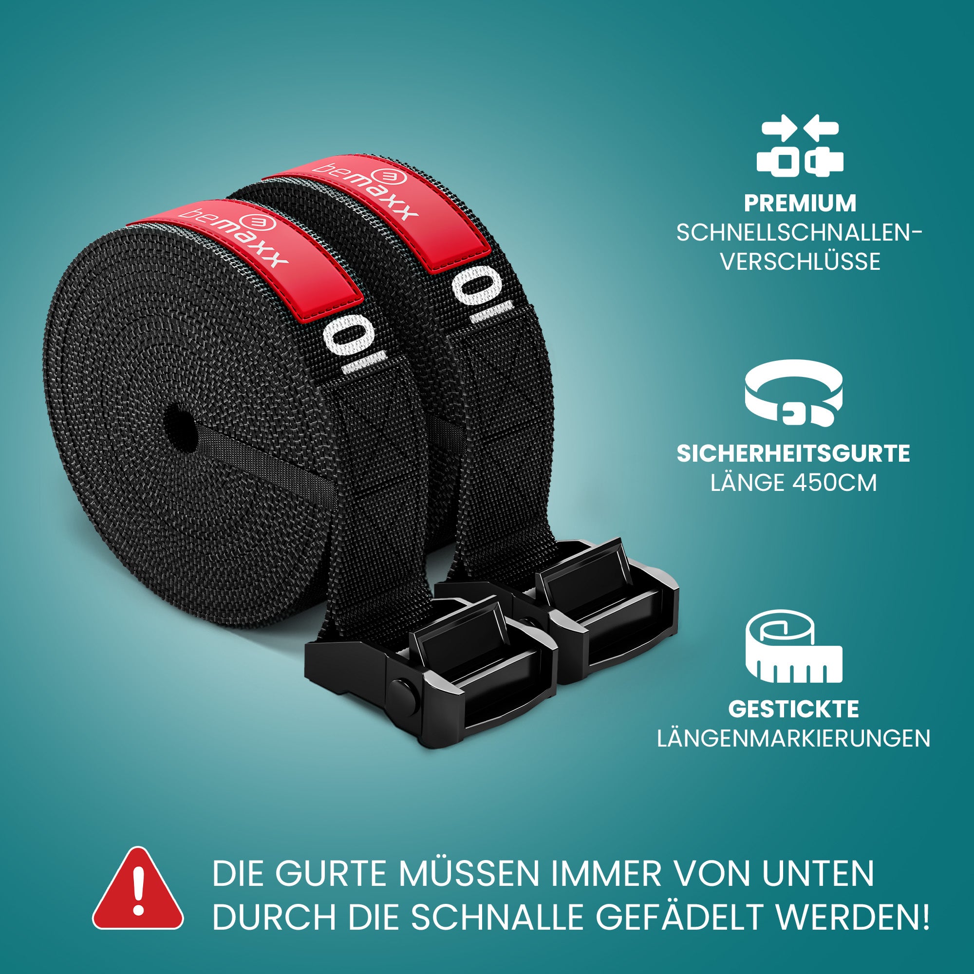 bemaxx Gym Rings Gurte mit 450 cm Länge, Schnellverschluss & Längenmarkierungen – immer von unten einfädeln.