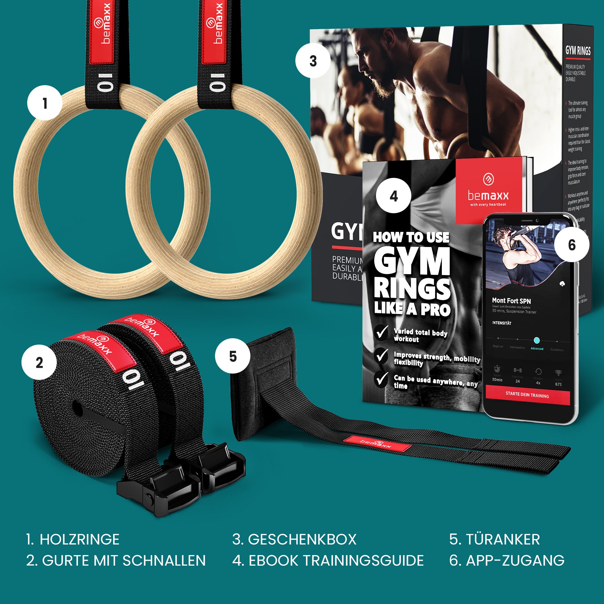 bemaxx Gym Rings Komplett-Set: Ringe, Gurte, Box, Türanker, E-Book & App-Zugang für Ganzkörpertraining.