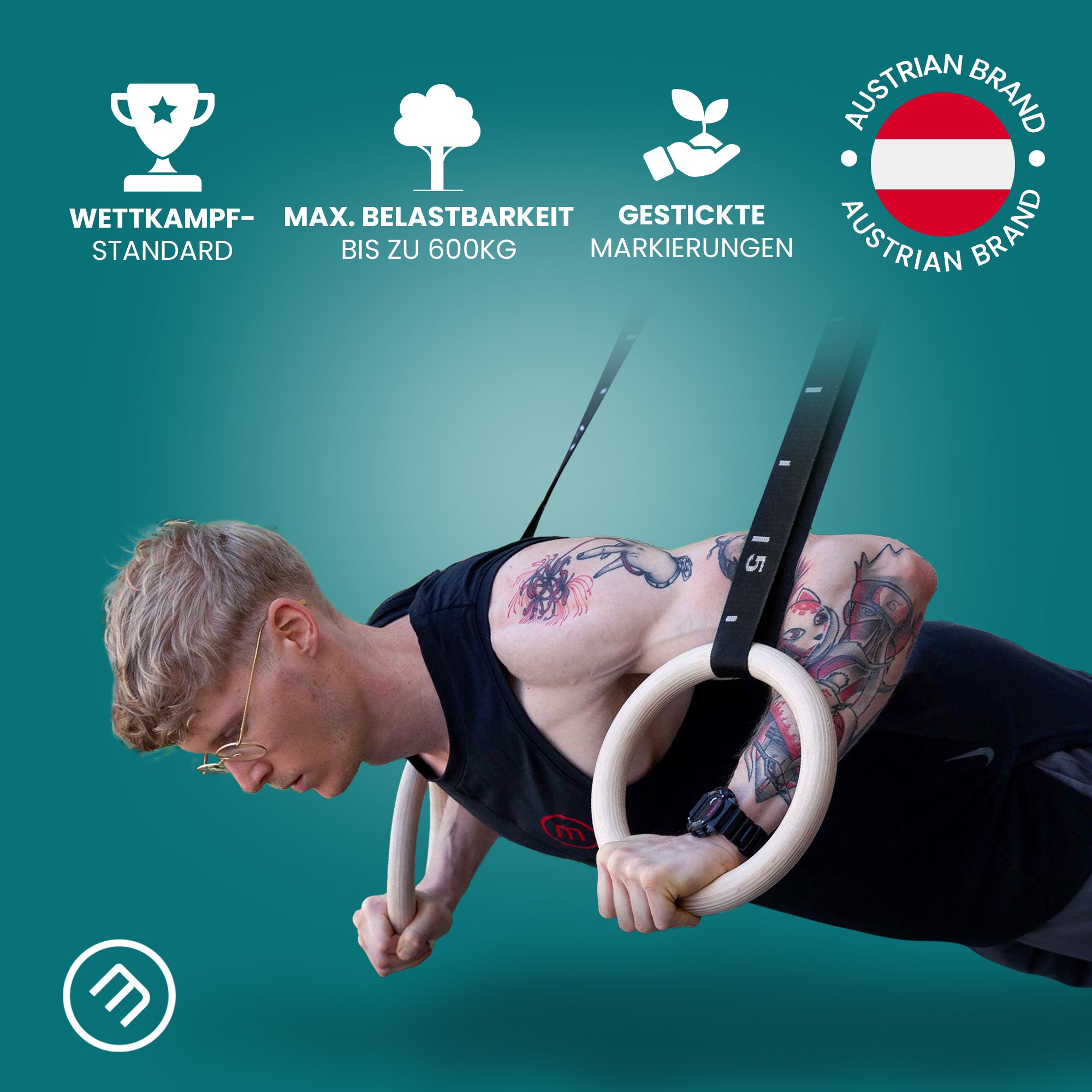 Training mit bemaxx Gym Rings – Wettkampfstandard, bis 600 kg belastbar, mit gestickten Markierungen.