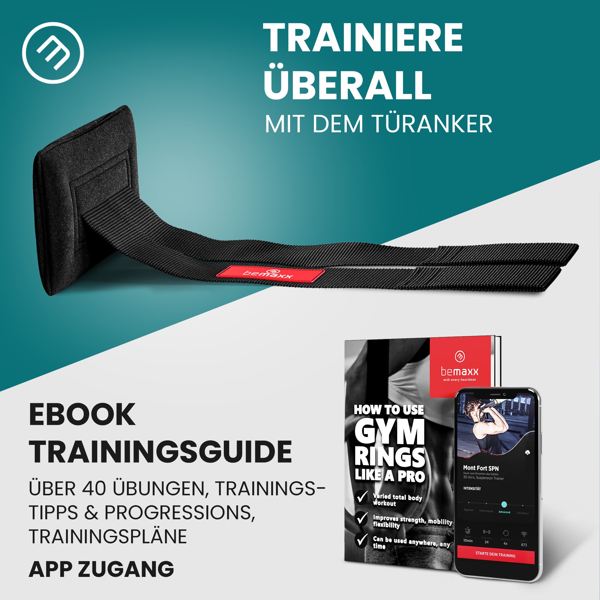bemaxx Türanker mit Trainingsguide & App-Zugang – über 40 Übungen für effektives Ringtraining überall.