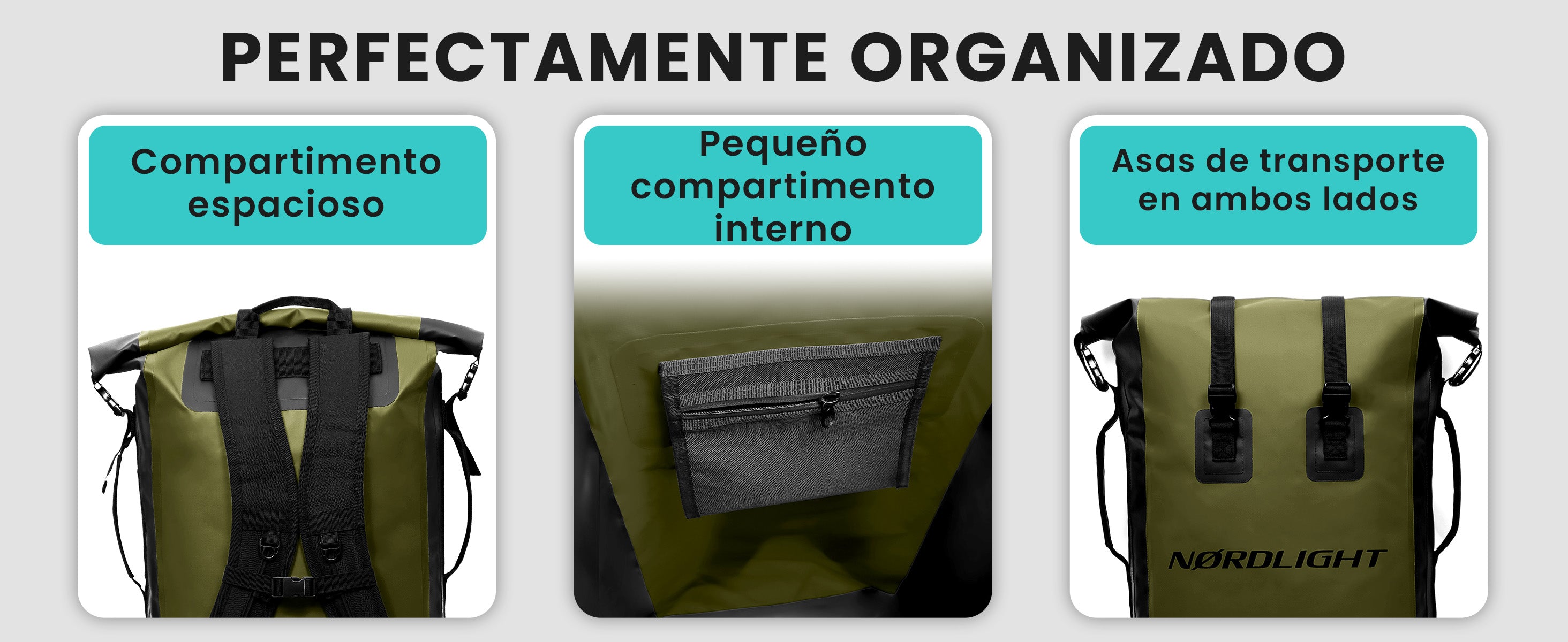 Mochila Nørdlight 35L – amplio compartimento principal, pequeño bolsillo interior y asas de transporte a ambos lados