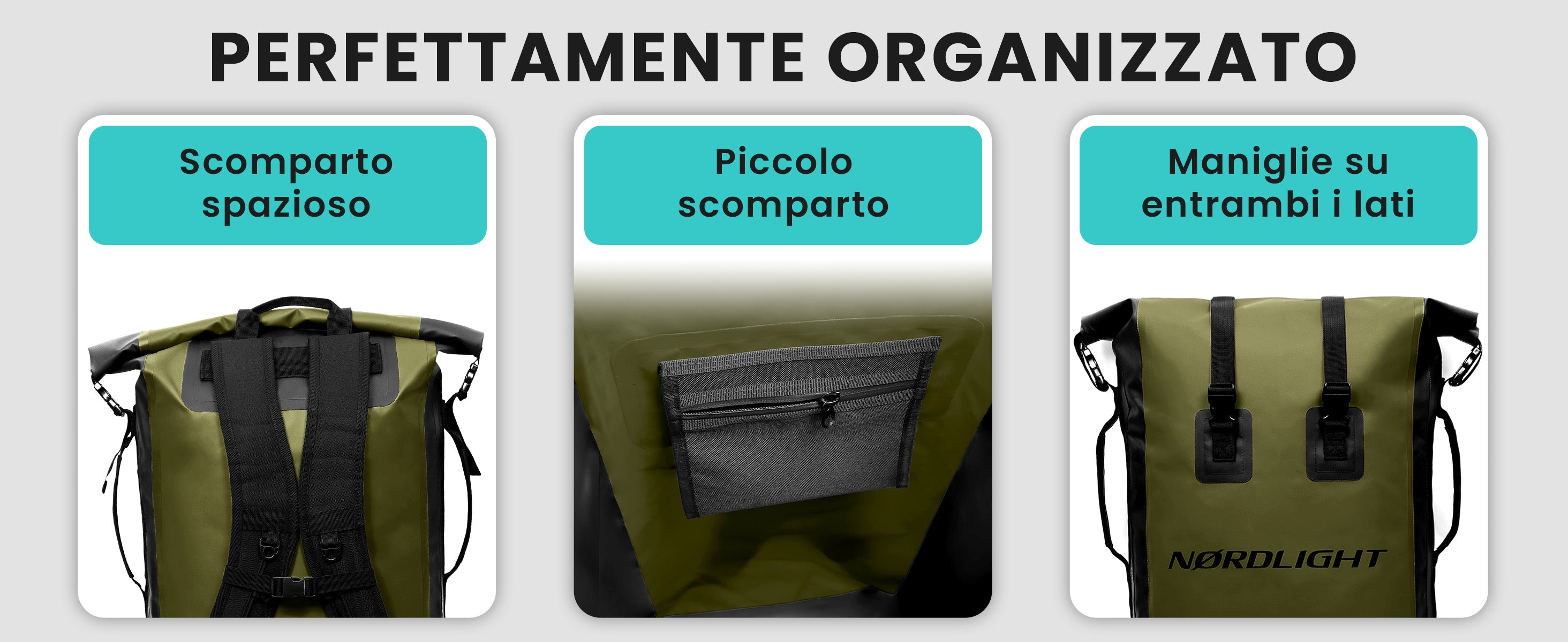 Zaino Nørdlight 35L – ampio scomparto principale, piccola tasca interna e maniglie laterali su entrambi i lati