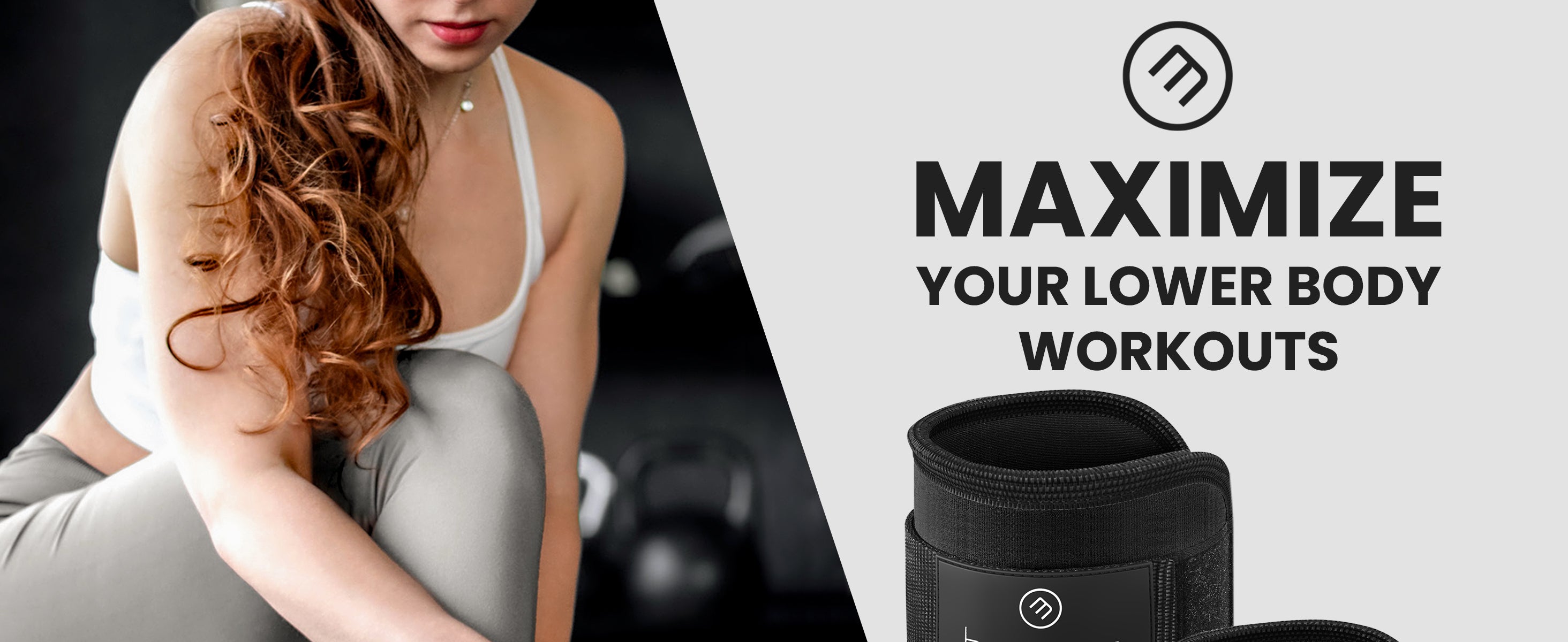 Woman adjusts bemaax Foot Straps on ankle in gym for cable workouts.