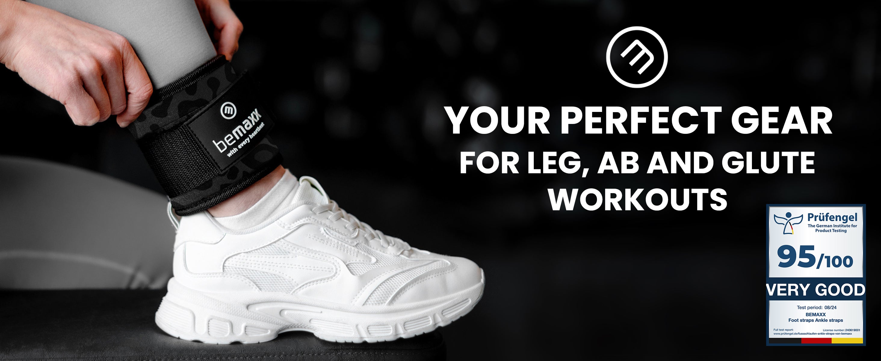 Person fits camo bemaax Foot Straps on ankle with 95/100 rating badge, ideal for leg, core & glute workouts.