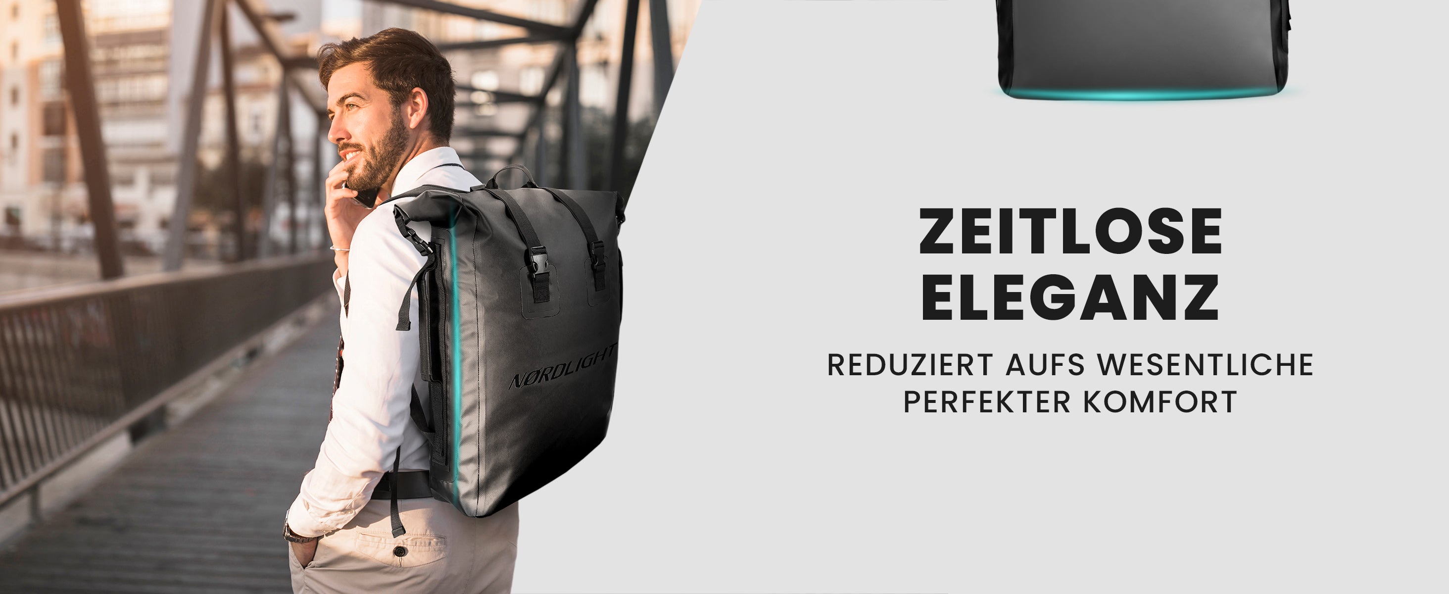 Bärtiger Mann mit grauem Nordlight Rucksack auf Brücke vor Stadtsilhouette – elegantes, zeitloses Design.