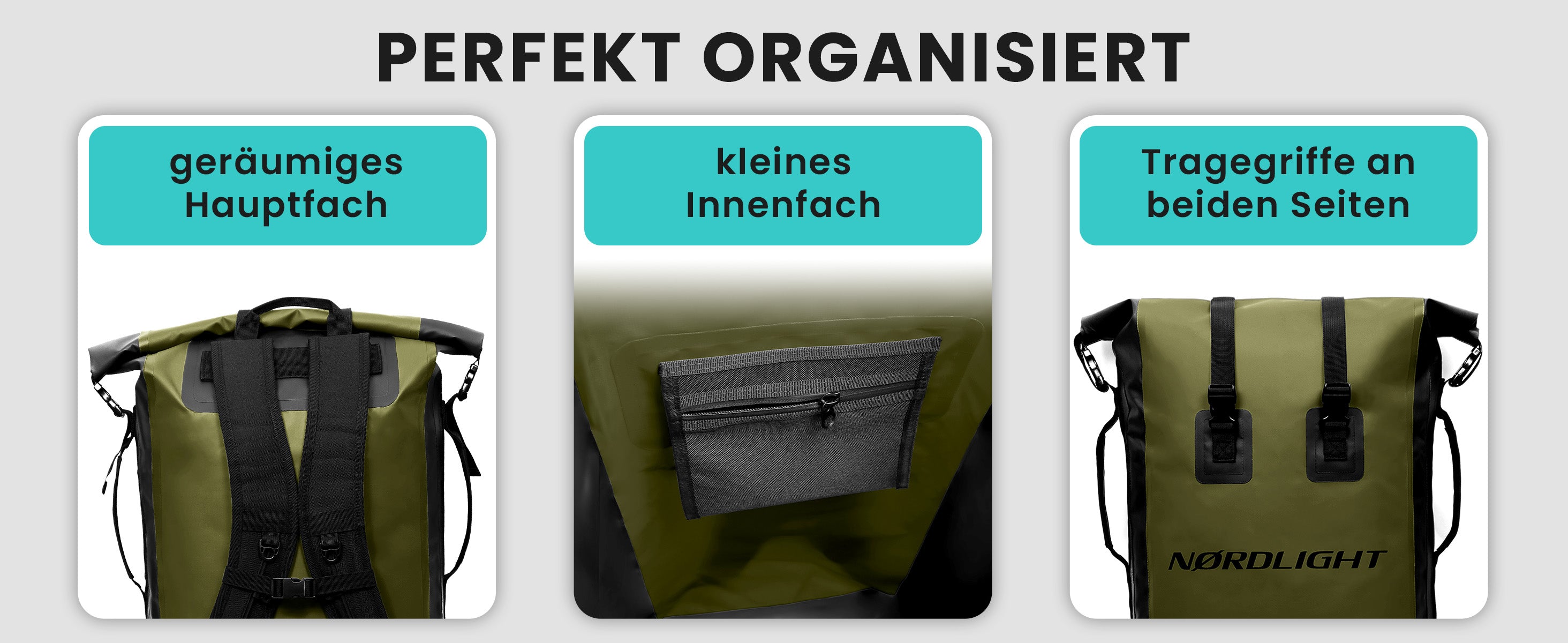 Drei Ansichten des olivgrünen Nordlight Rucksacks: gepolsterte Gurte, Innenzipperfach & seitliche Tragegriffe.