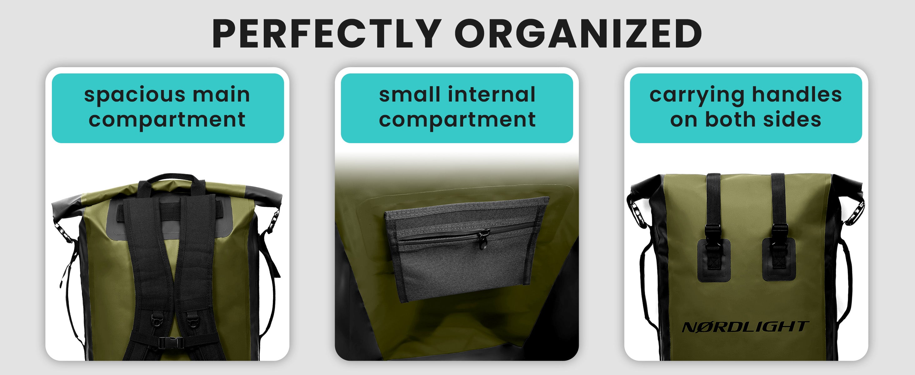 Three panels of an olive Nordlight backpack show padded straps, internal zip pocket and side carrying handles.