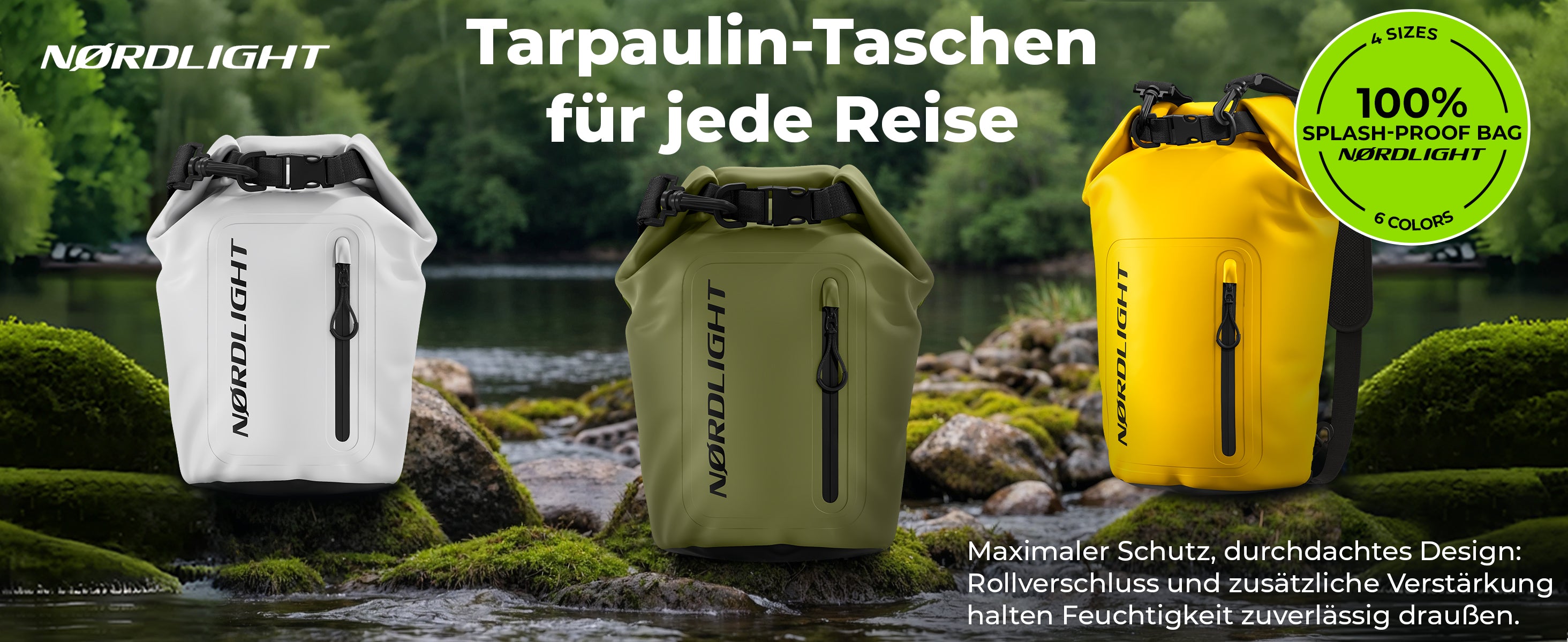 Drei Nordlight Dry Bags Tarpaulin (Weiß, Oliv, Gelb) auf moosbewachsenen Flusssteinen platziert.