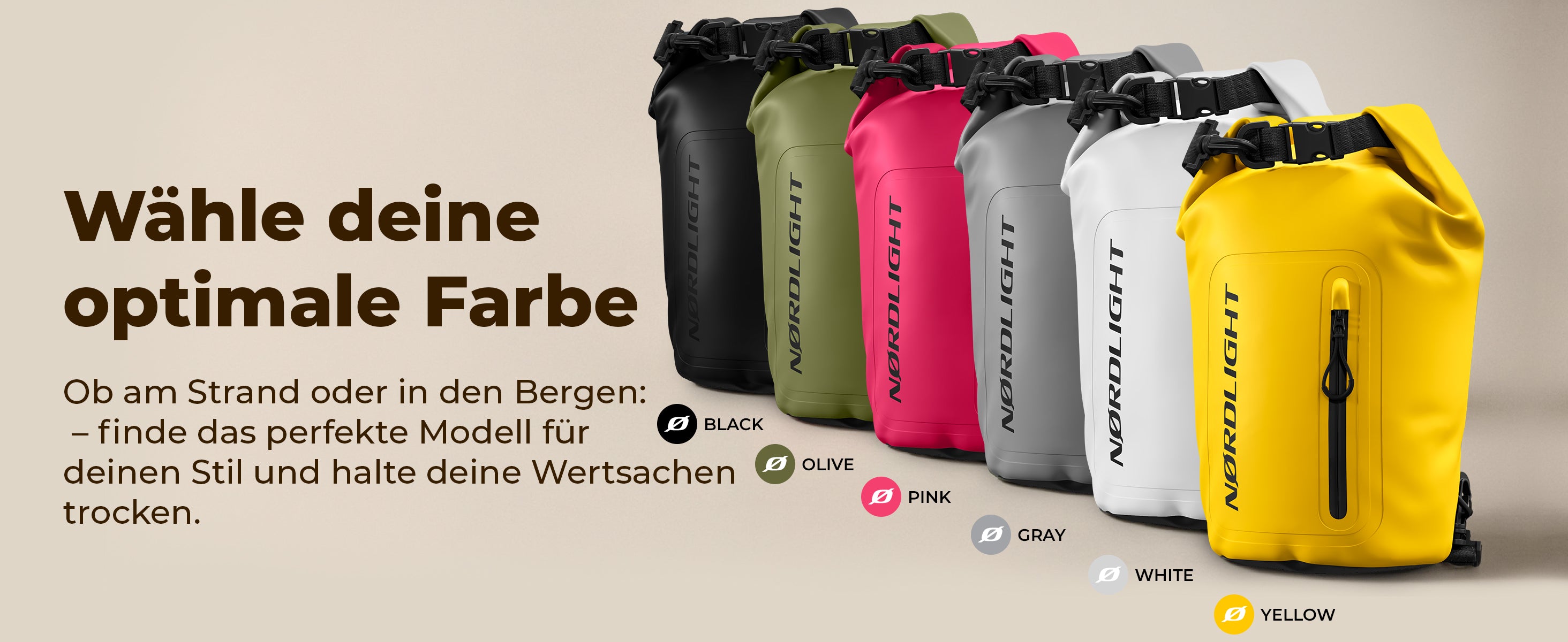 Reihe aus Nordlight Dry Bags Tarpaulin in Schwarz, Oliv, Pink, Grau, Weiß & Gelb.
