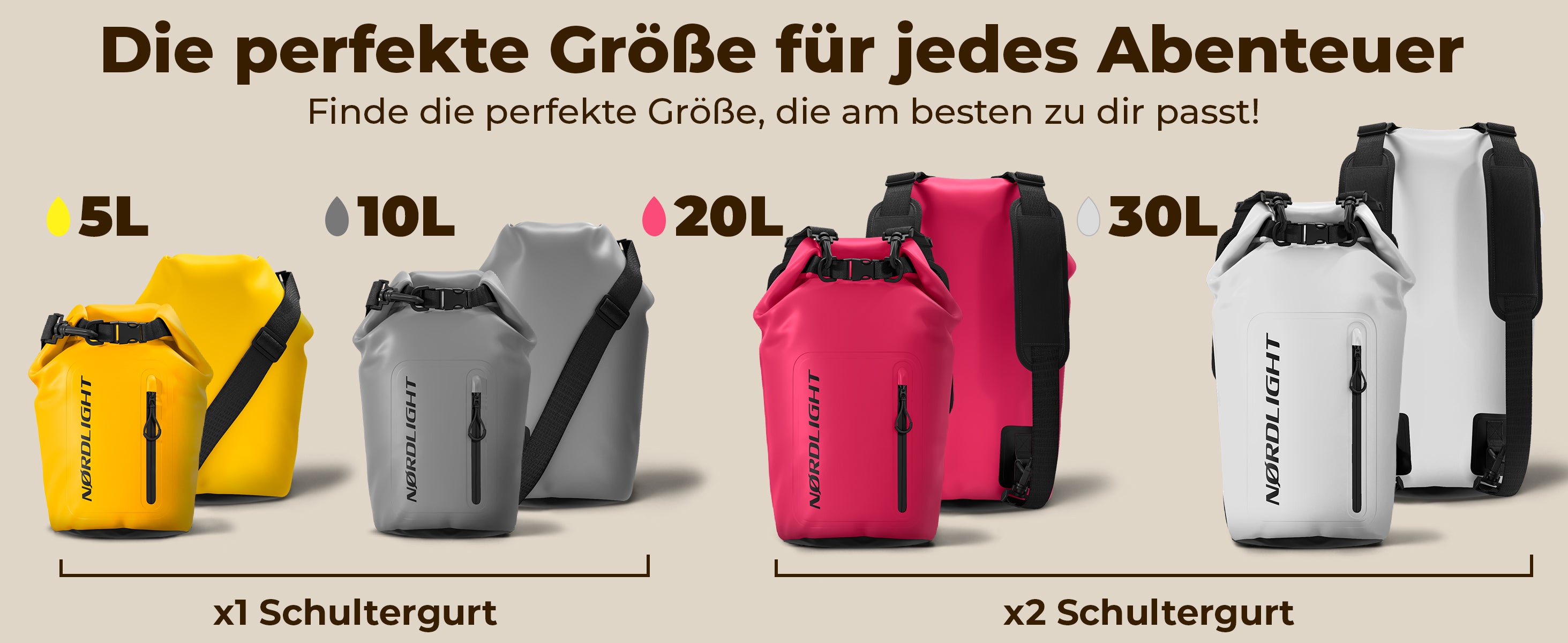 Fünf Nordlight Dry Bags Tarpaulin (5–30 L) mit 1× oder 2× Schultergurten nach Größe.