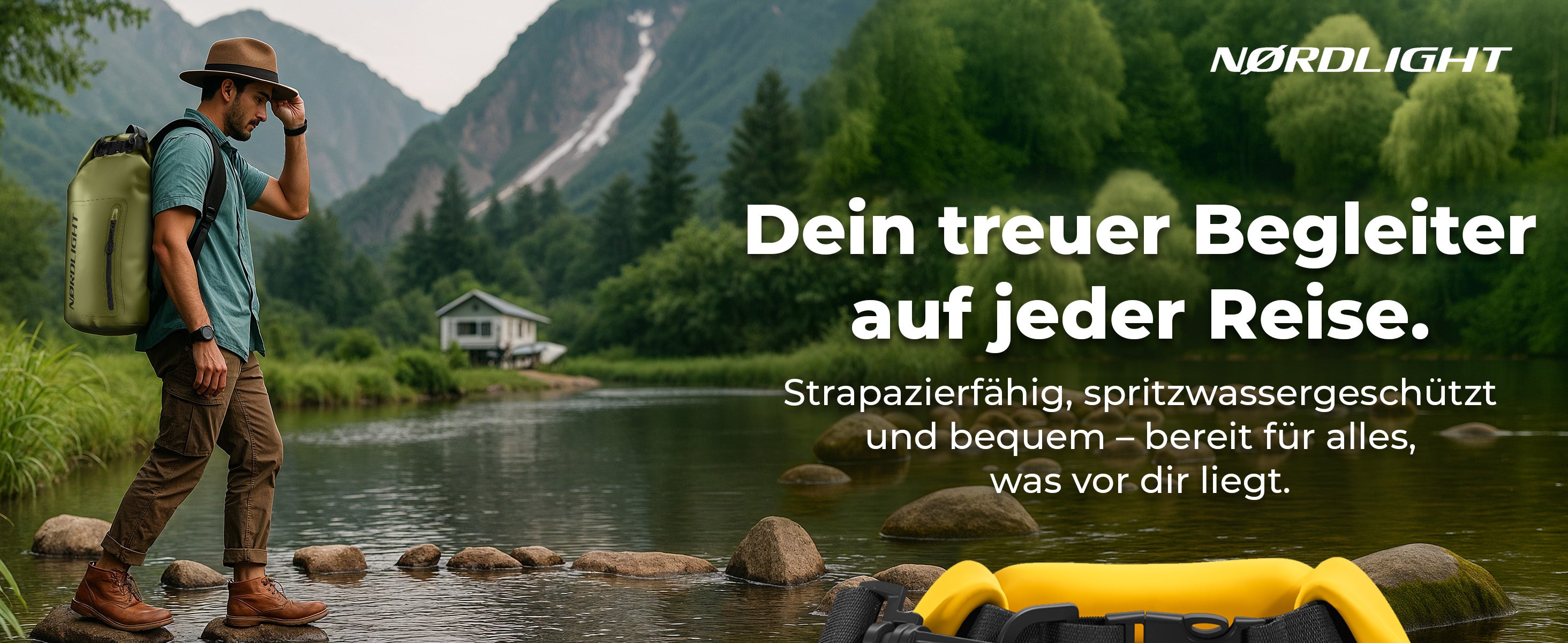 Abenteurer im Kajak trägt Oliv Nordlight Dry Bag Tarpaulin am Rücken am Seeufer.