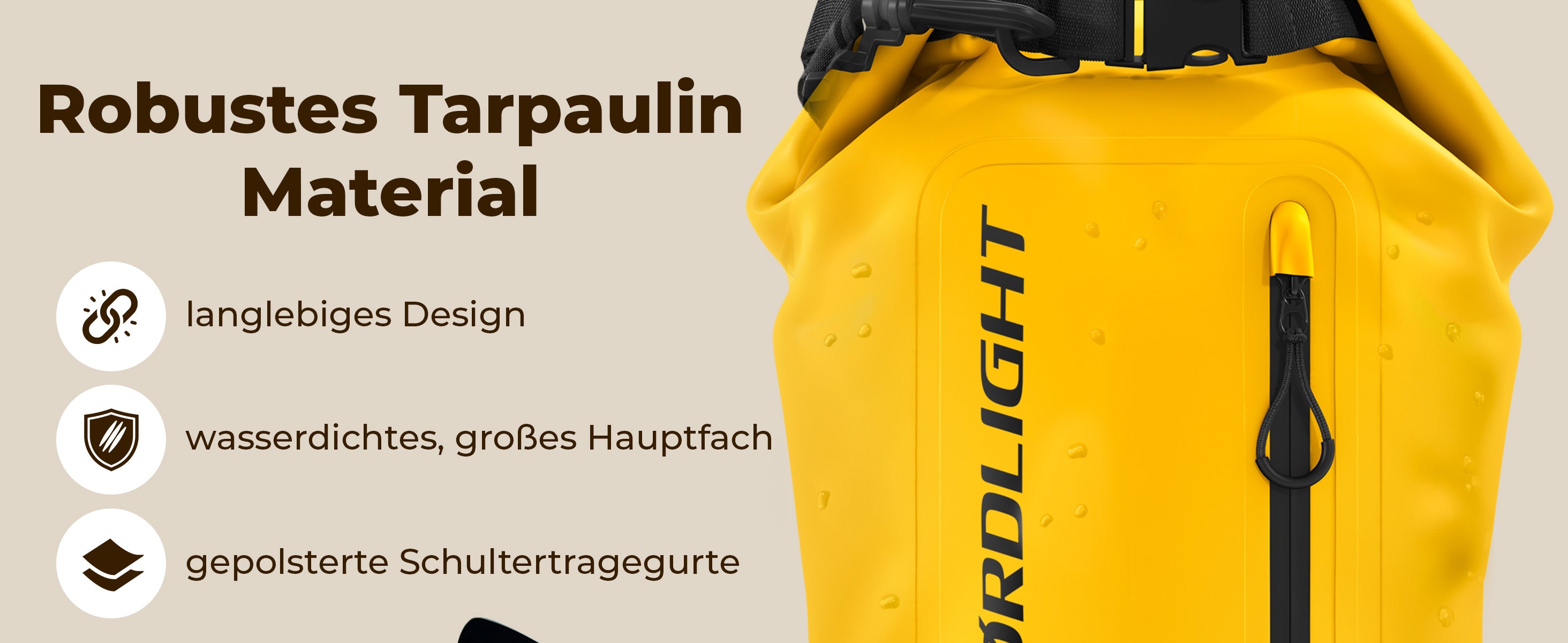 Nahaufnahme Gelber Nordlight Dry Bag Tarpaulin mit Wassertropfen, wasserdichtem Reißverschluss & Roll-Top.