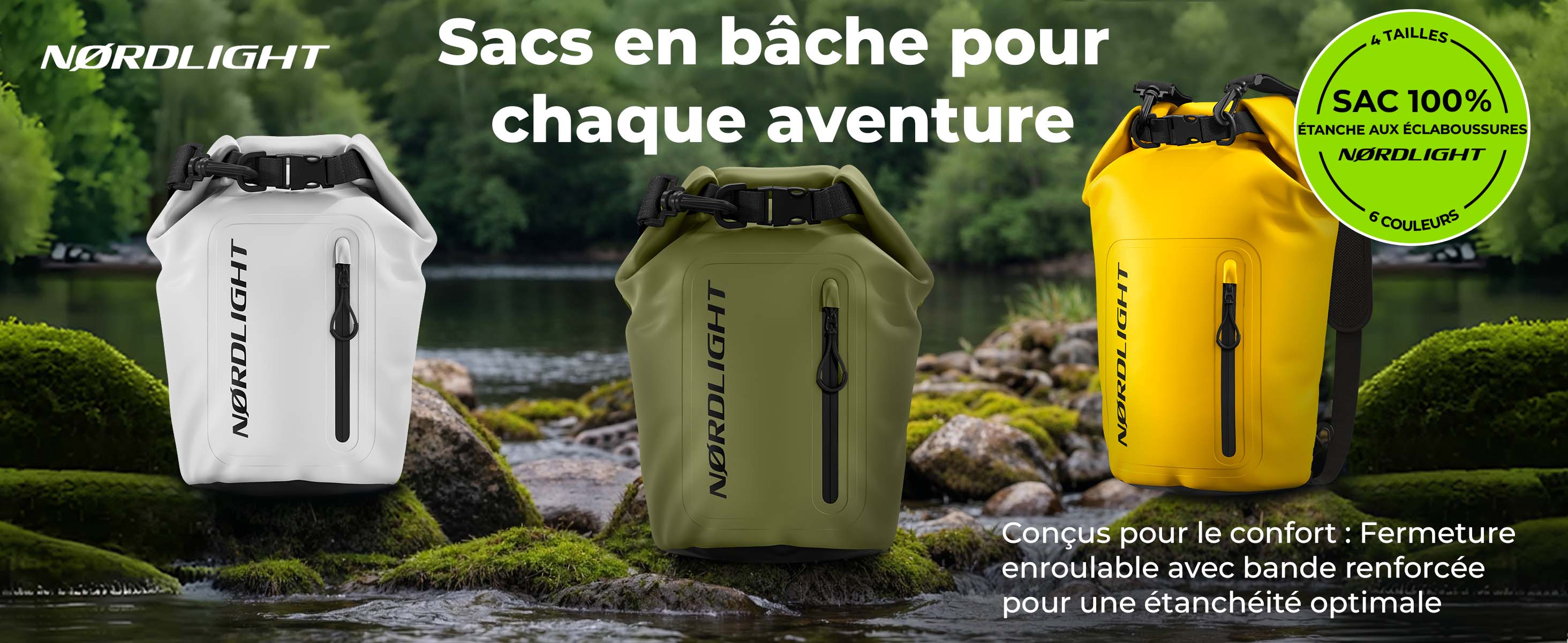 Sacs étanches Nørdlight – 4 tailles, 6 couleurs, fermeture roulée, protection contre éclaboussures
