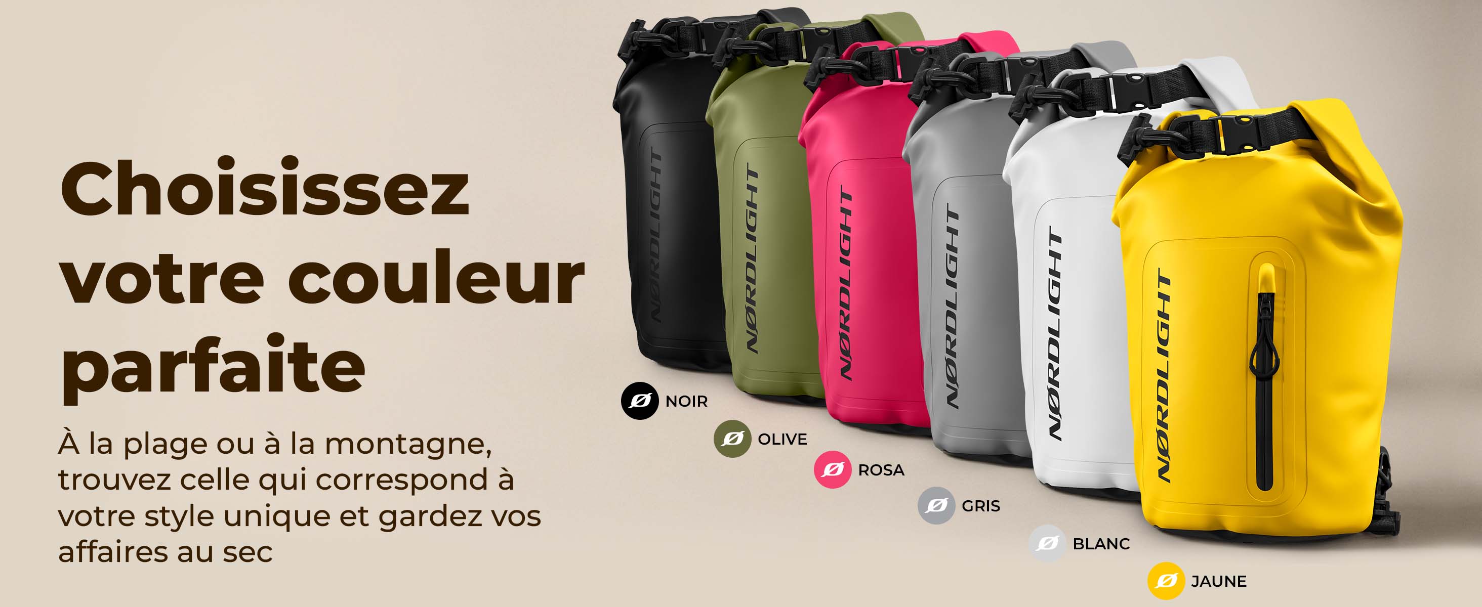 Choisissez votre sac étanche Nørdlight – 6 couleurs pour plage, montagne et garder vos affaires au sec
