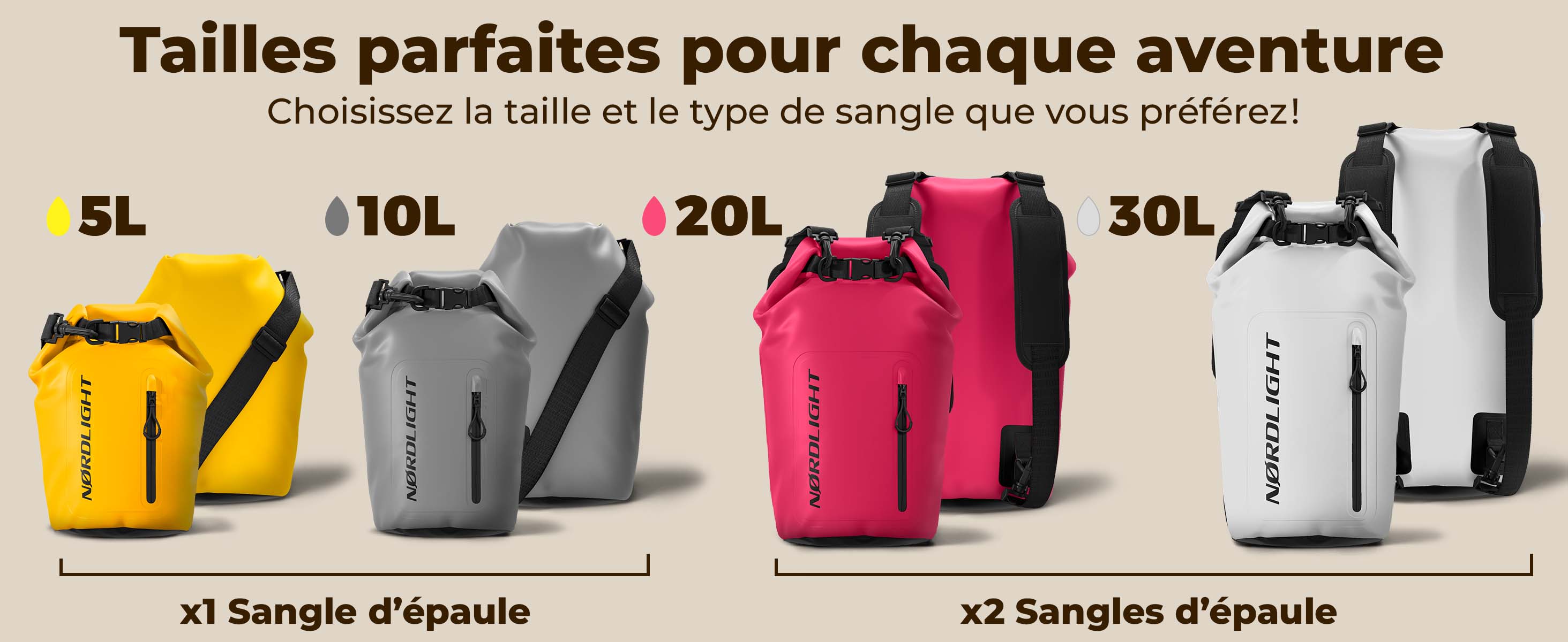 Sacs étanches Nørdlight – 5L, 10L, 20L, 30L avec 1 ou 2 sangles, protection éclaboussures