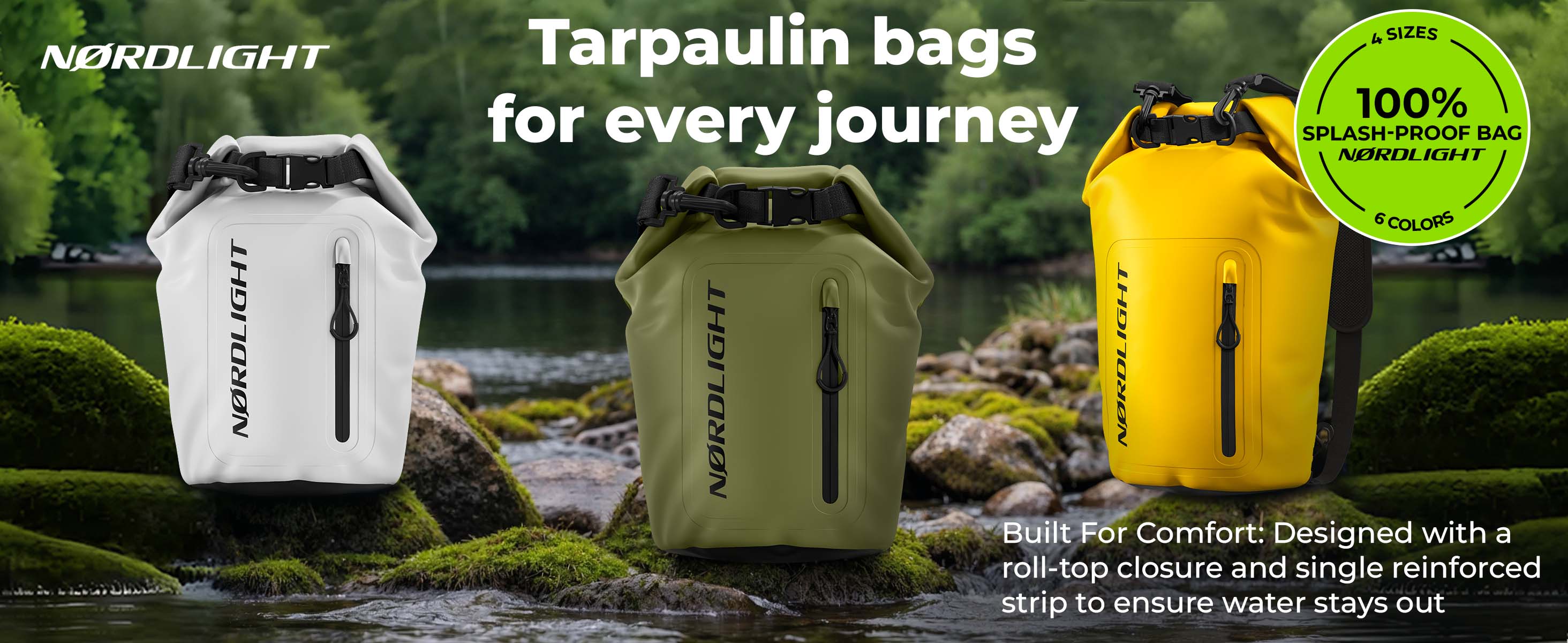 Three Nordlight Dry Bags Tarpaulin (white, olive, yellow) sit on mossy river rocks.