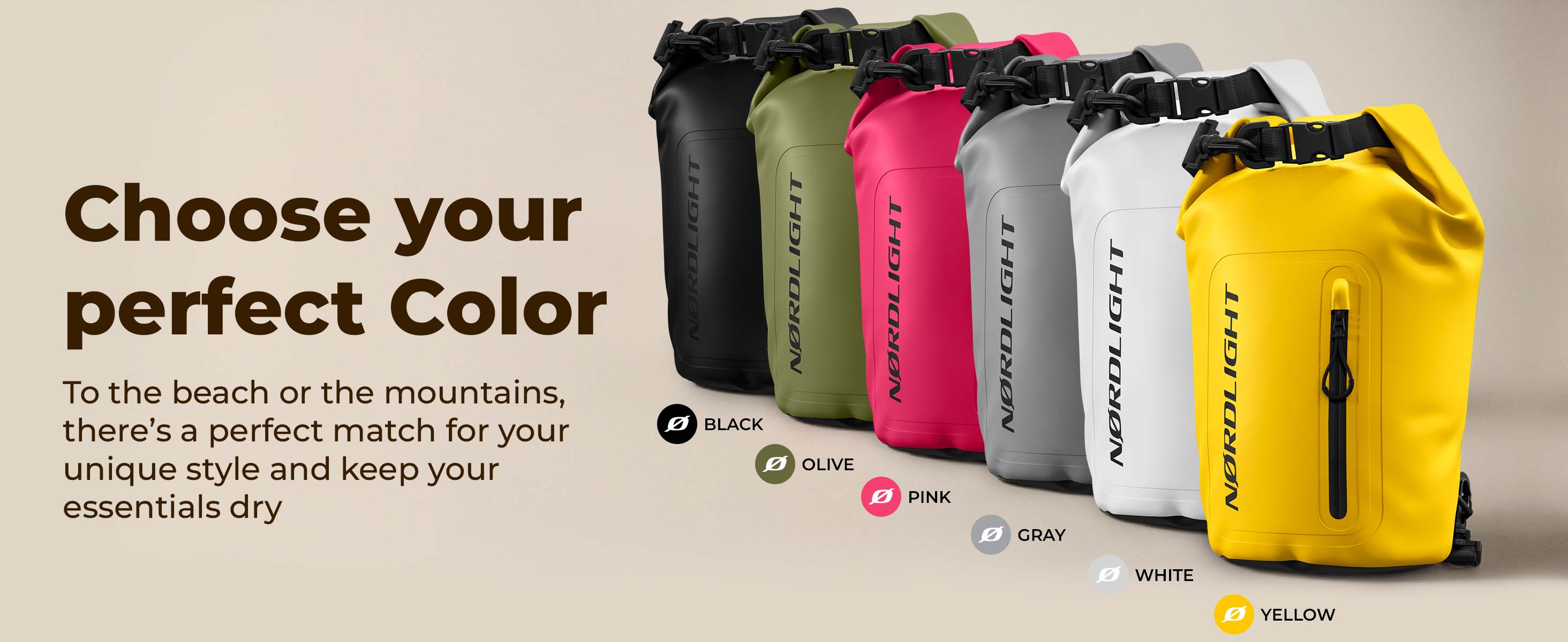 Lineup of Nordlight Dry Bags Tarpaulin in Black, Olive, Pink, Gray, White & Yellow.