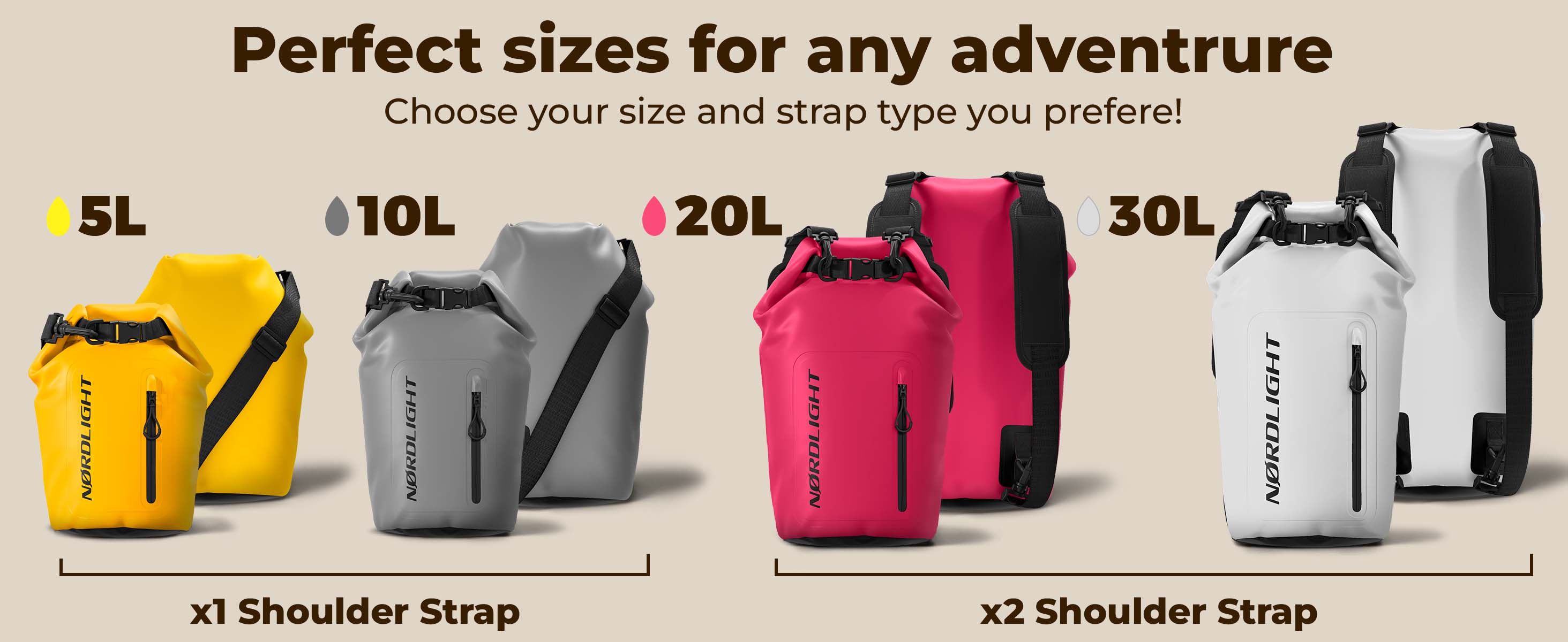 Five Nordlight Dry Bags Tarpaulin (5–30 L) show 1× or 2× shoulder straps by size.