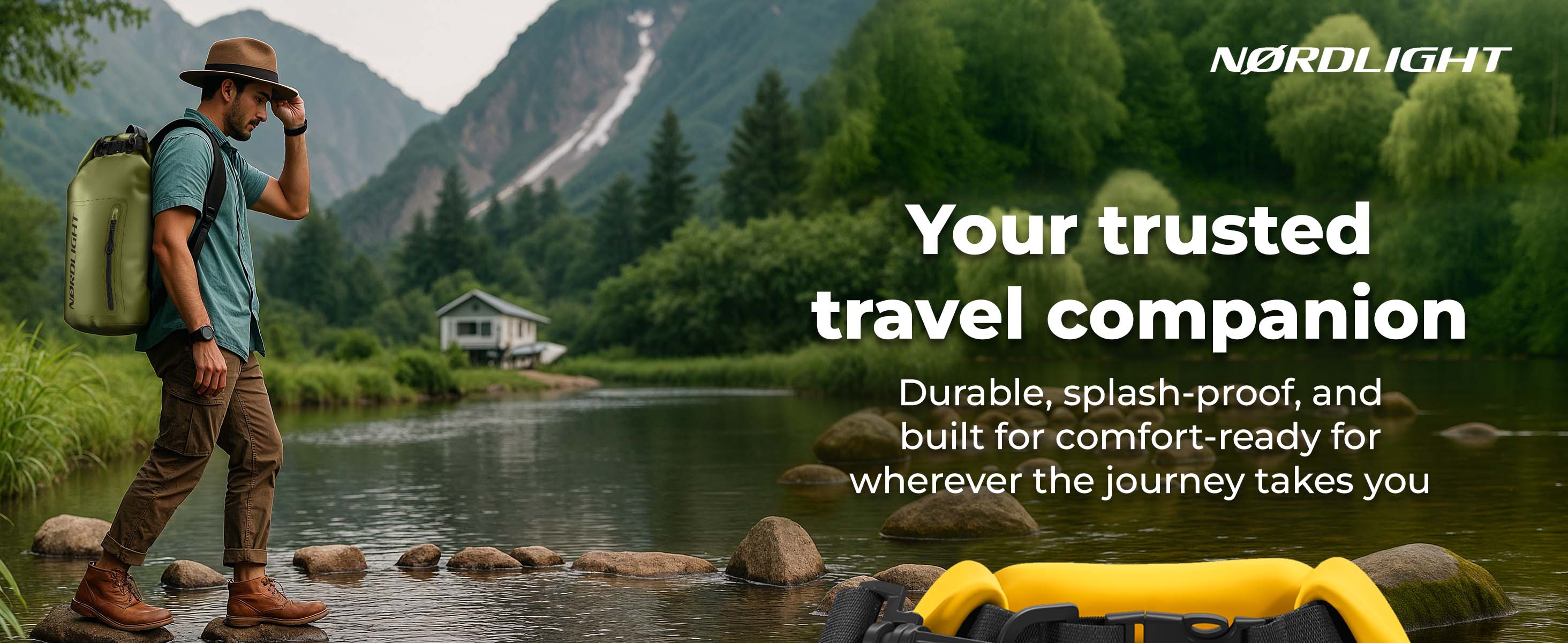 Adventurer in kayak carries Olive Nordlight Dry Bag Tarpaulin on his back by a lake.