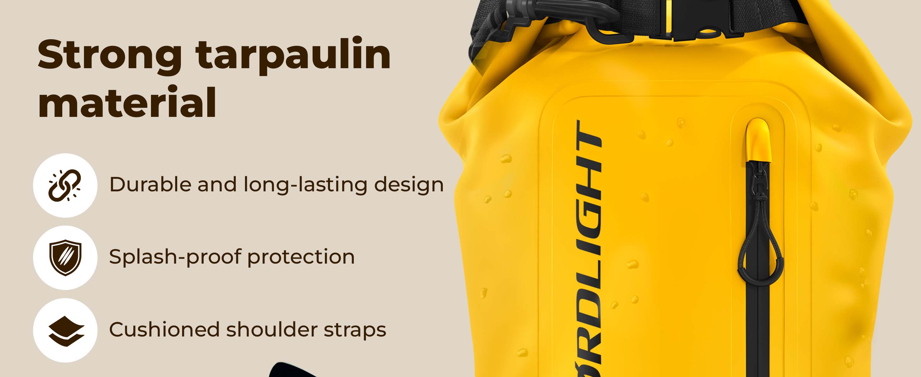Close-up of Yellow Nordlight Dry Bag Tarpaulin with water droplets, waterproof zipper & roll-top.