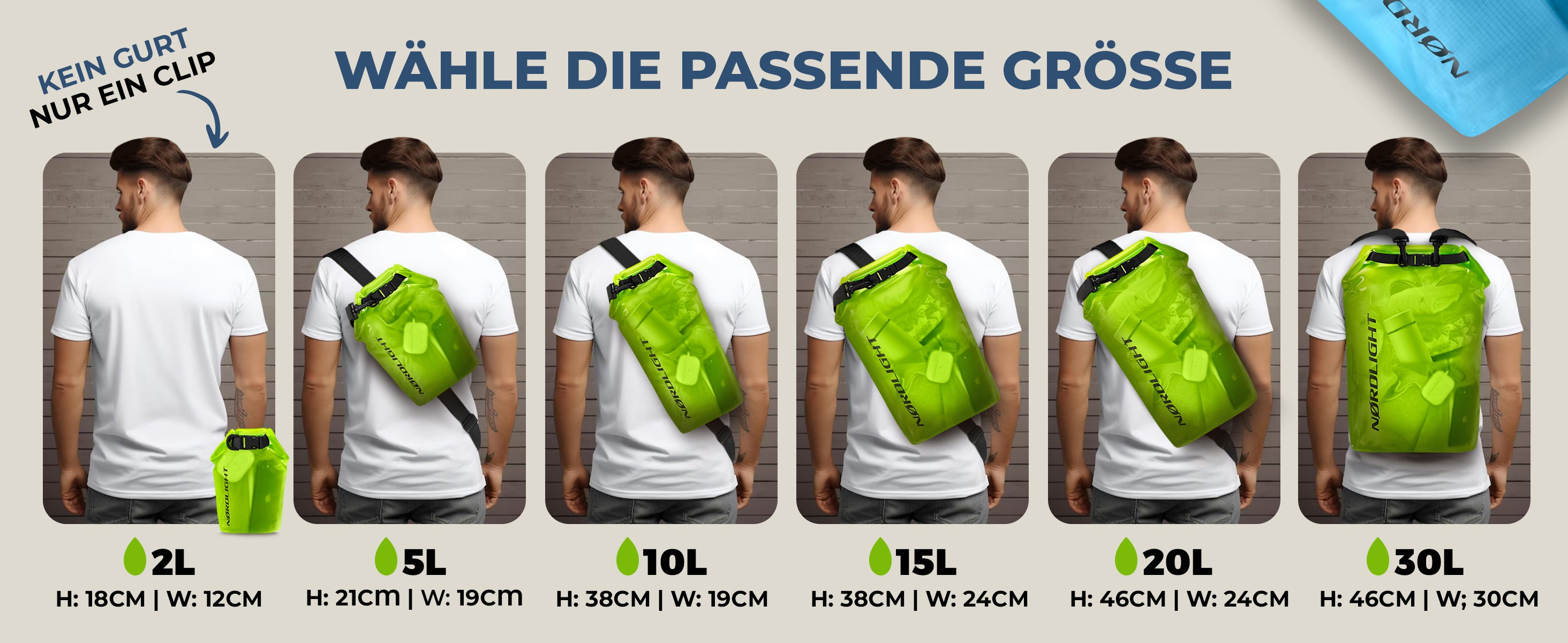 Nordlight Dry Bag: Modellgrößen 2 L–30 L lässig quer über der Schulter präsentiert.