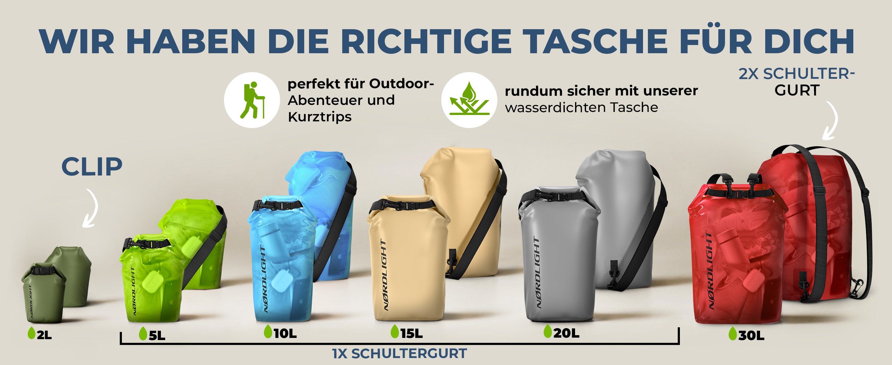 Nordlight Dry Bag 2 L–30 L mit 1× Gurt (2–20 L) oder 2× Gurt (30 L) für jedes Abenteuer.