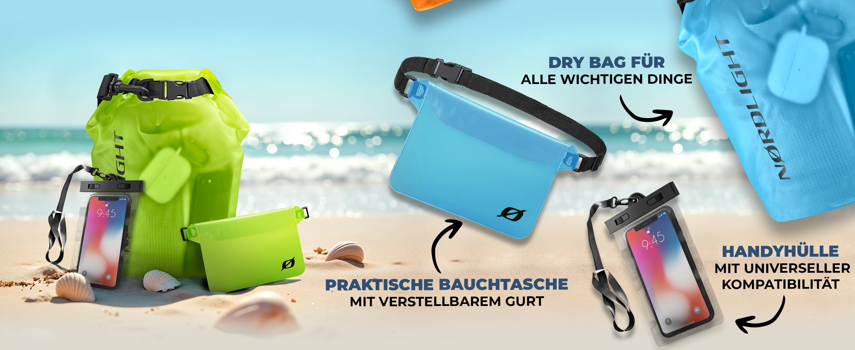 Nordlight Dry Bag mit Handyhülle, Bauchtasche und Zubehör am Sandstrand.