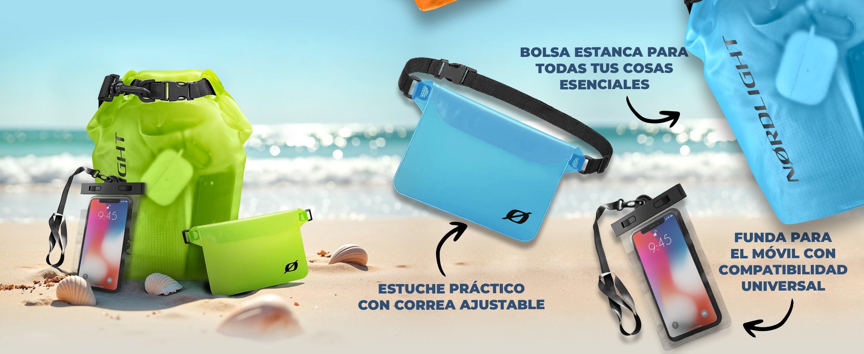 Set de accesorios Nørdlight – bolsa seca para objetos de valor, riñonera y funda impermeable universal para móvil