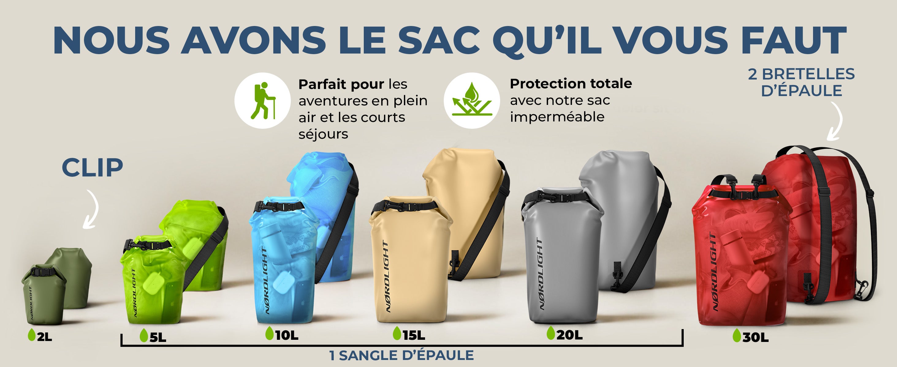 Sacs étanches Nørdlight – clip, sangle simple ou double pour tailles de 2L à 30L