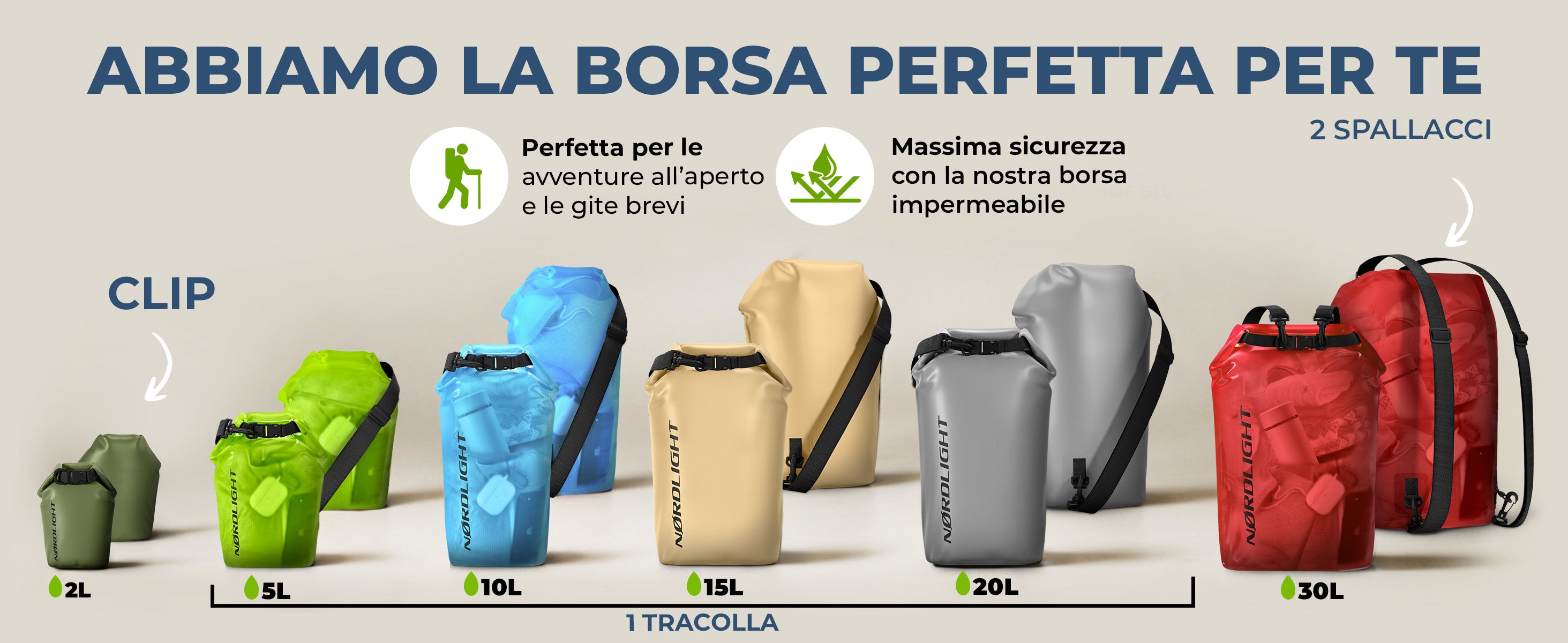 Borse impermeabili Nørdlight – perfette per avventure all'aperto, brevi viaggi e trasporto sicuro