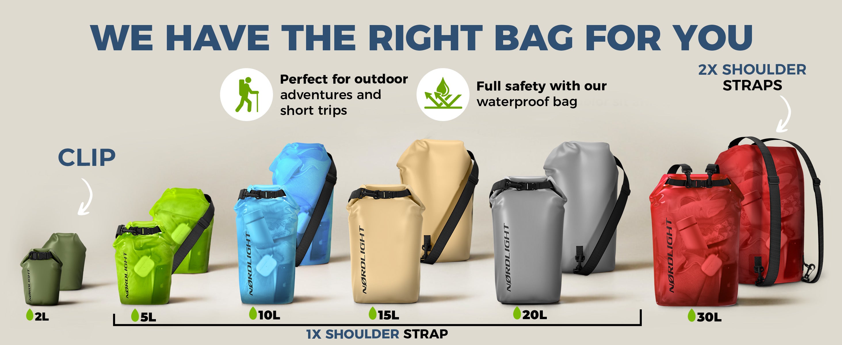 Nordlight Dry Bag range 2 L–30 L with one or two shoulder straps for every outing.