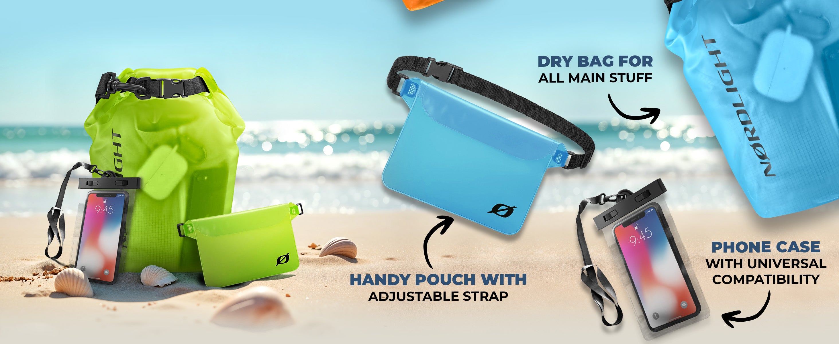 Nordlight Dry Bag with waterproof phone case, belt pouch and accessories on the sand.