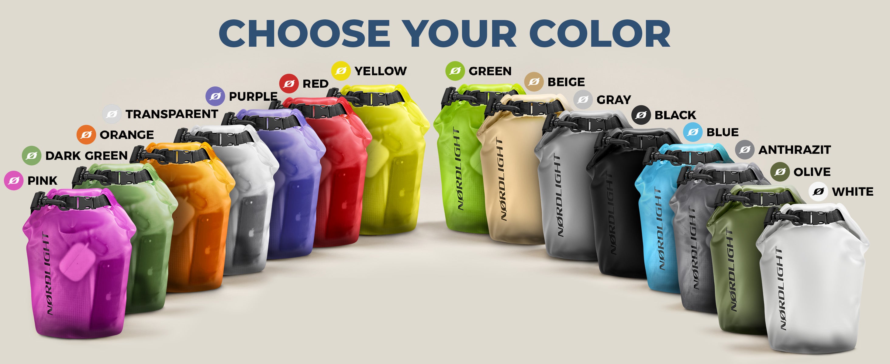 Nordlight Dry Bag color range: Pink, Dark Green, Orange, Transparent, Purple, Red, Yellow, Beige, Gray, Black, Blue, Anthrazit, Olive, White.