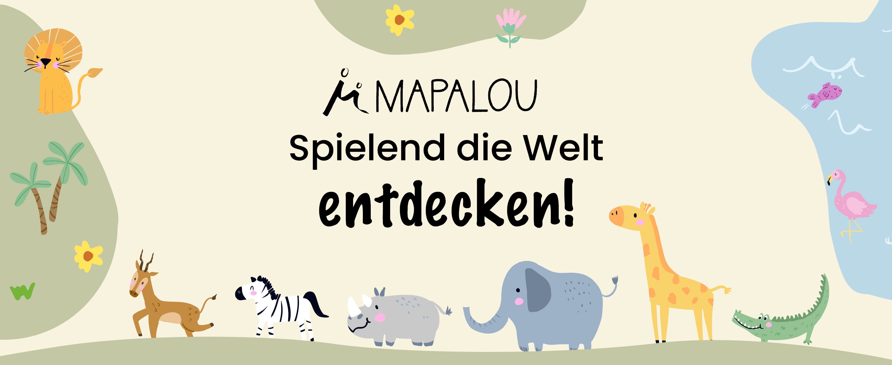 Mapalou Baby Faltmatte mit buntem Safari-Tiermotiv und Logo – lädt Kinder spielerisch zum Entdecken der Welt ein.
