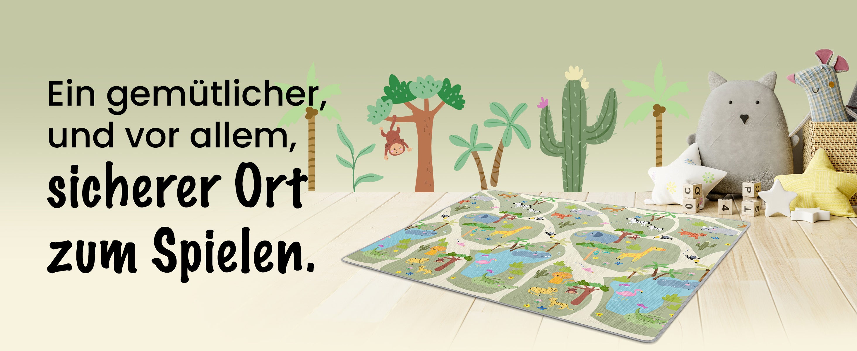 Mapalou Baby Faltmatte entfaltet (200 × 180 cm) im Wohnzimmer – ideal für drinnenes Spielen und Wohnambiente.