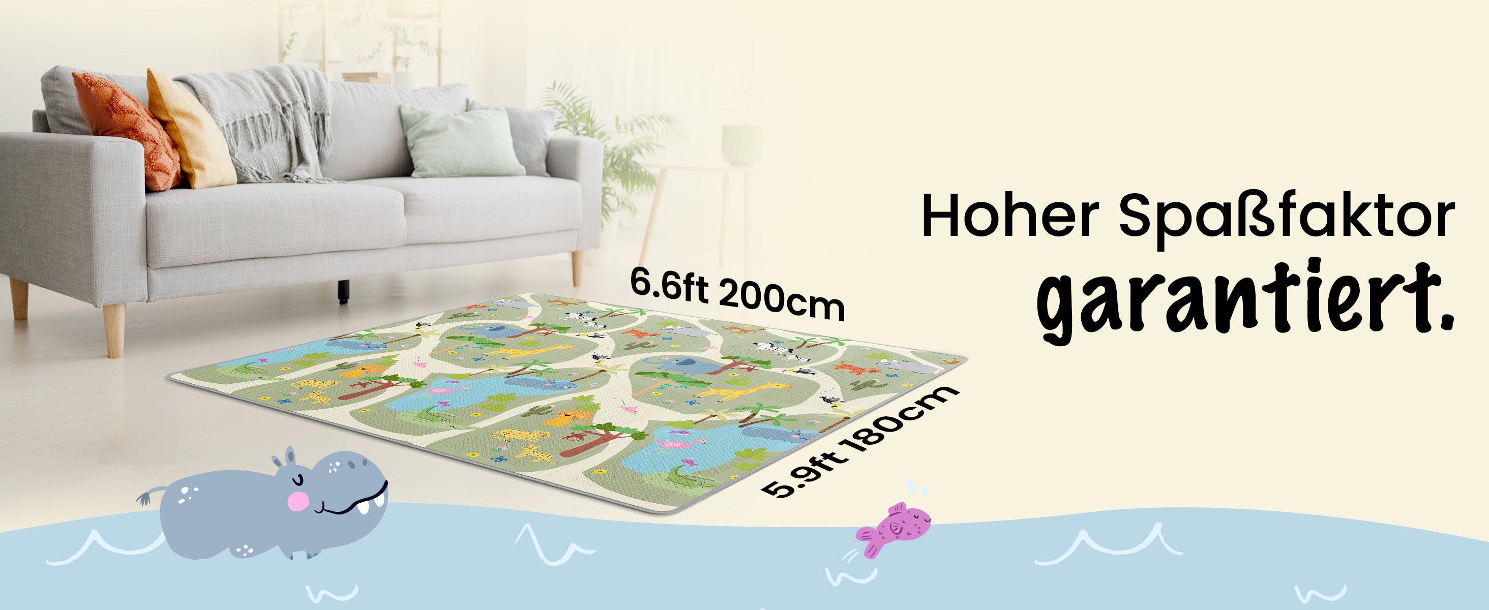 Mapalou Baby Faltmatte Wendeseite: bunte Tiermotive vorne und graues Muster hinten für doppelten Spielspaß.