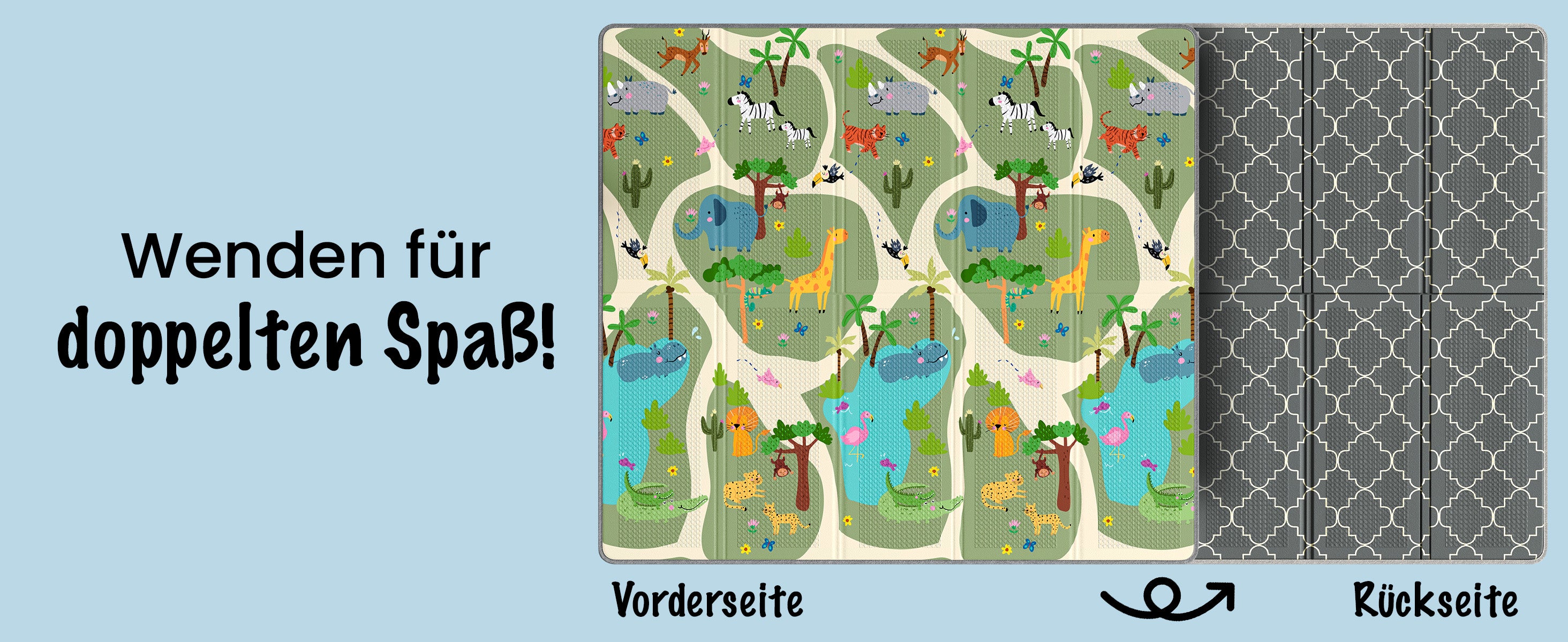 Mapalou Baby Faltmatte im Ziehharmonika-Design – lässt sich in Sekunden flach zusammenfalten und verstauen.