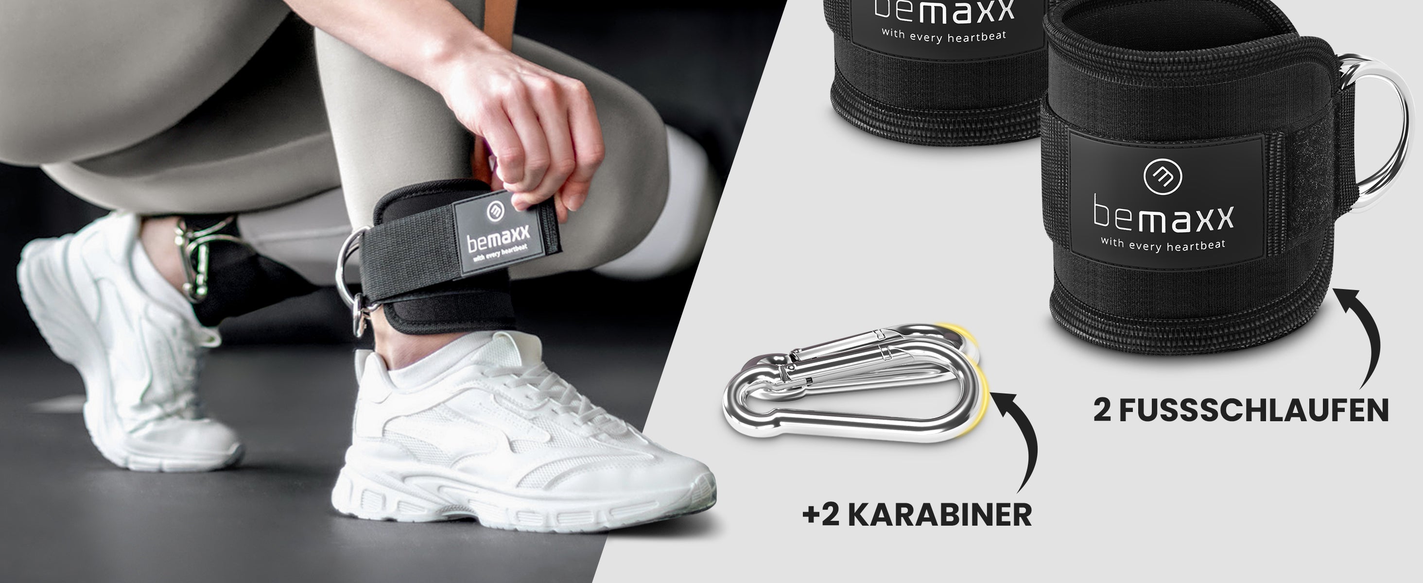 Zwei bemaxx, Fußschlaufen und zwei Karabiner neben Person, die Schlaufe am Knöchel befestigt.