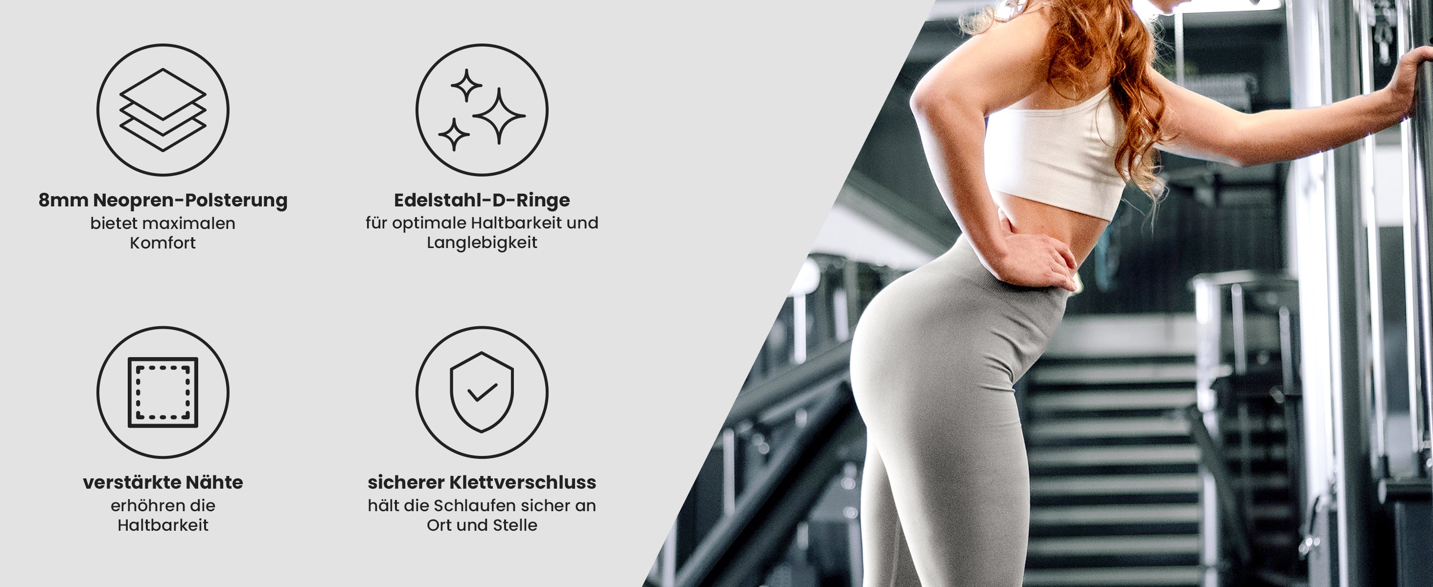 Icons zeigen bemaxx, Fußschlaufen Merkmale: 8 mm Neoprenpolster, Edelstahl-D-Ringe, verstärkte Nähte & Klettverschluss.