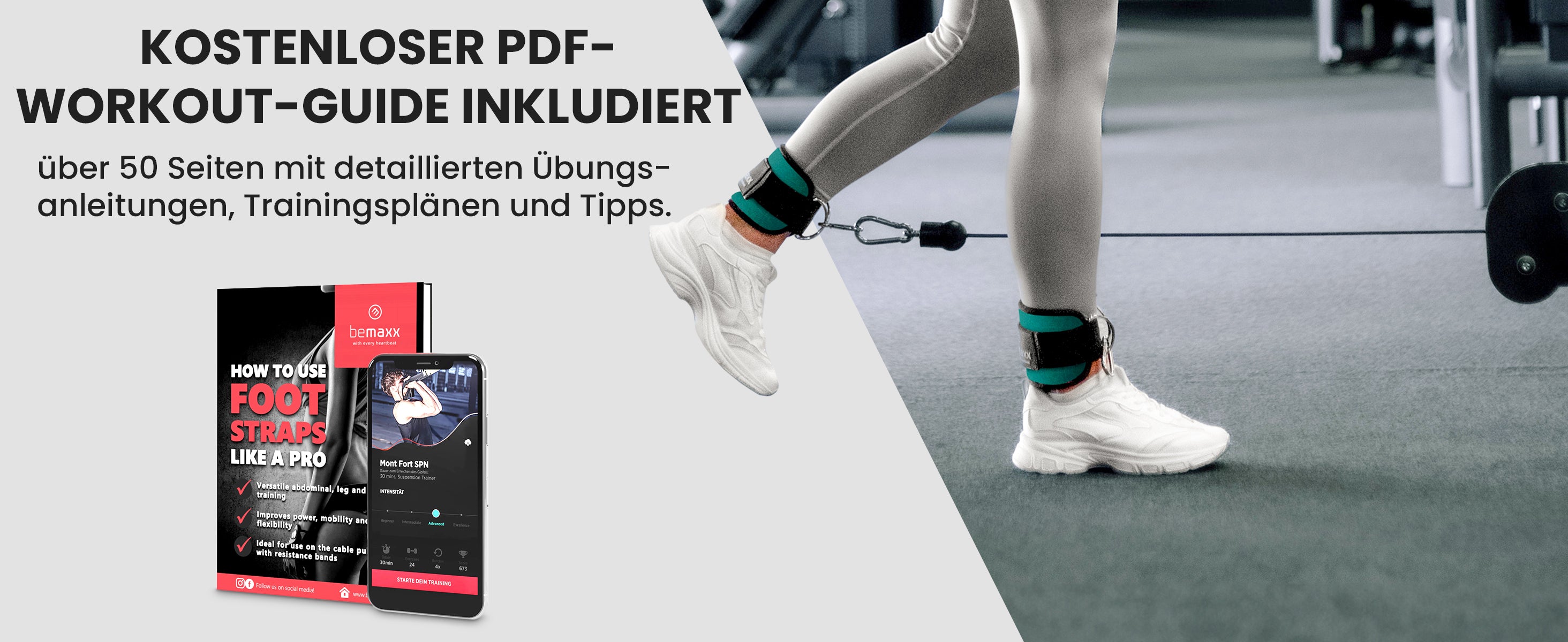 Kostenloser 50+ Seiten PDF-Guide & App zu bemaxx, Fußschlaufen neben Knöchel-Kabelzug-Übung.