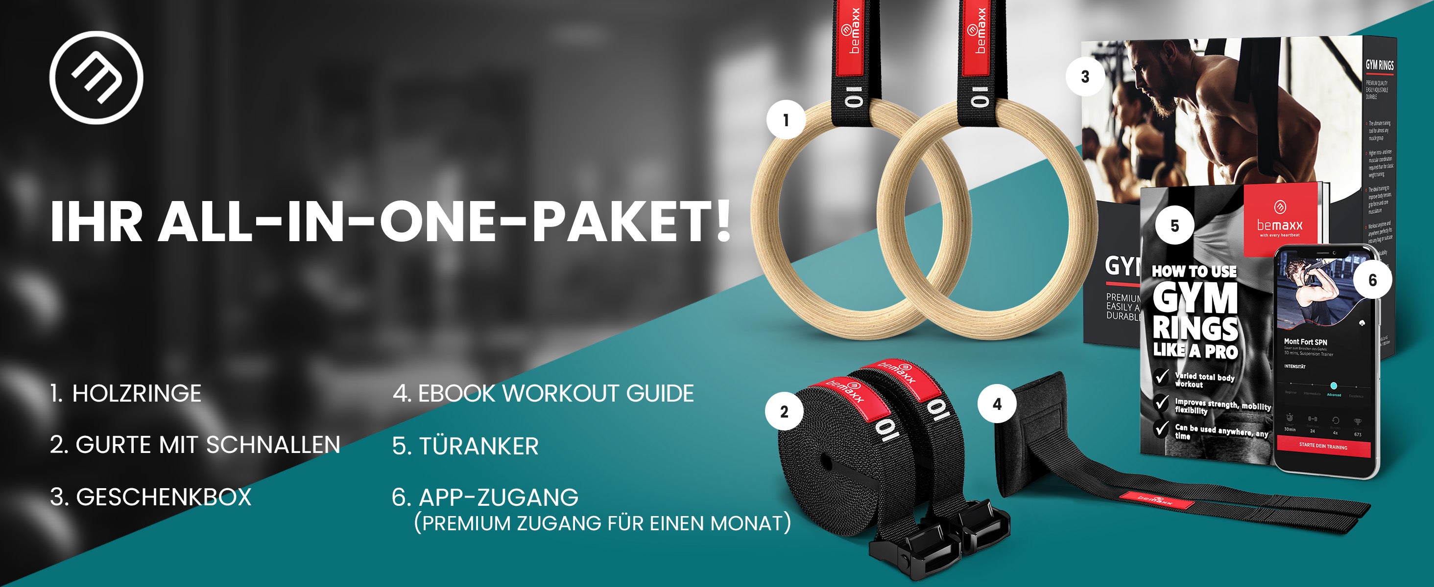 bemaxx Gym Rings Set – inkl. Holzringe, Gurte, Türanker, Workout Guide, App-Zugang & Geschenkbox.