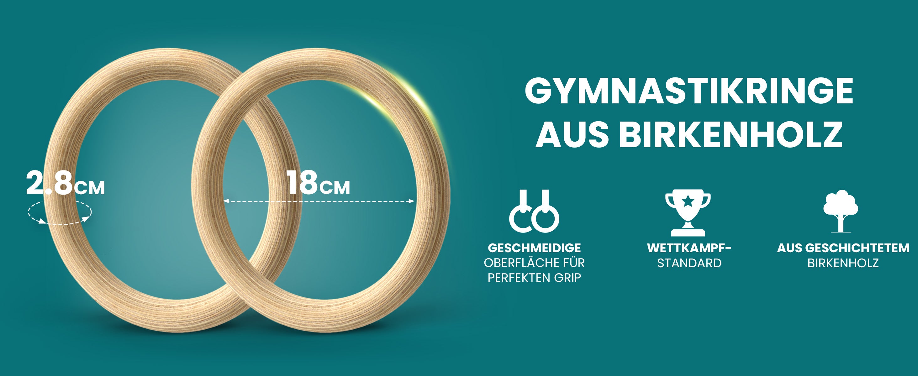 bemaxx Gym Rings aus Birkenholz – 18 cm Durchmesser, 2,8 cm Griff, Wettkampfstandard mit perfektem Grip.