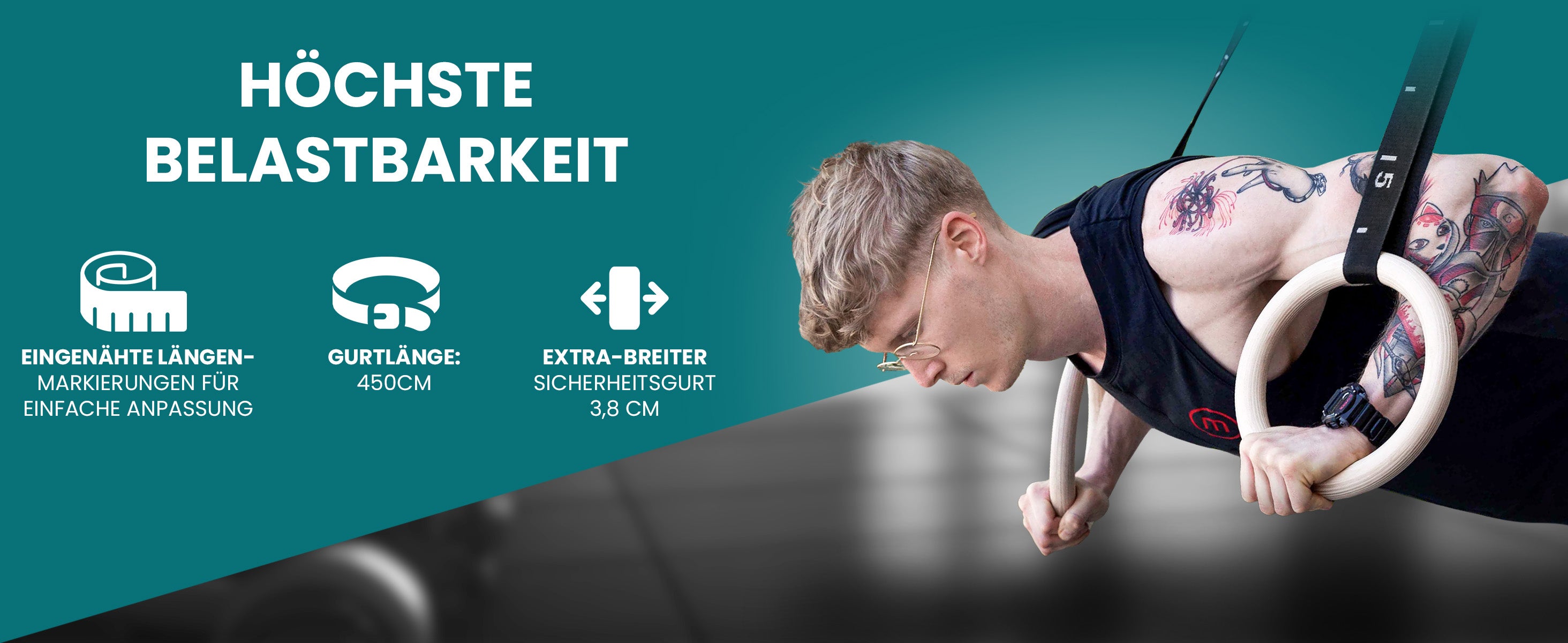 bemaxx Gym Rings mit 450 cm langen Gurten – extra belastbar, breite Sicherheitsgurte, mit Längenmarkierungen.
