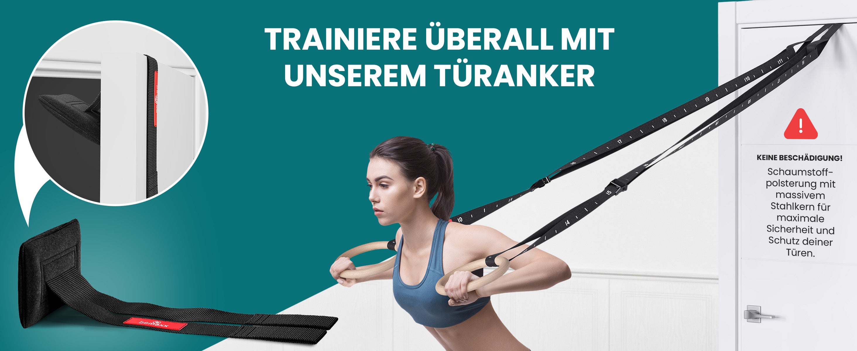 bemaxx Gym Rings mit Türanker – trainiere überall sicher mit gepolstertem Stahlkern für Türschutz.