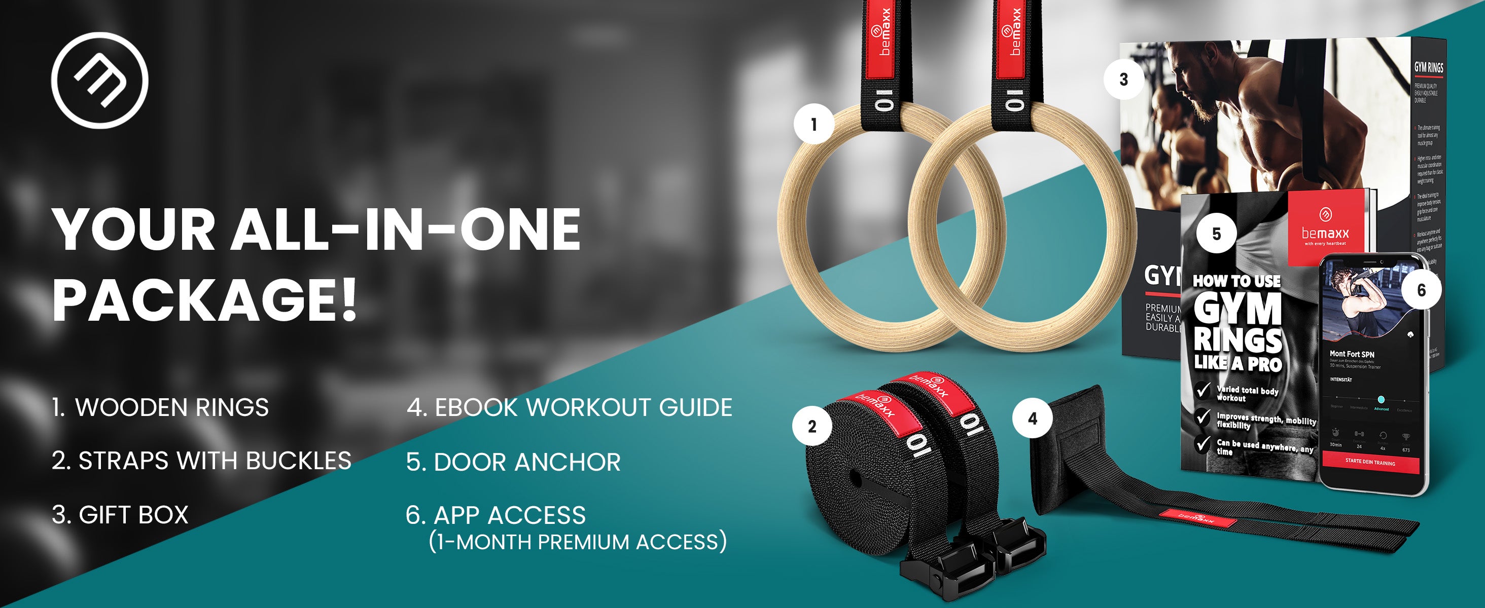 bemaxx Gym Rings set – includes wood rings, straps, door anchor, workout guide, app access & gift box.