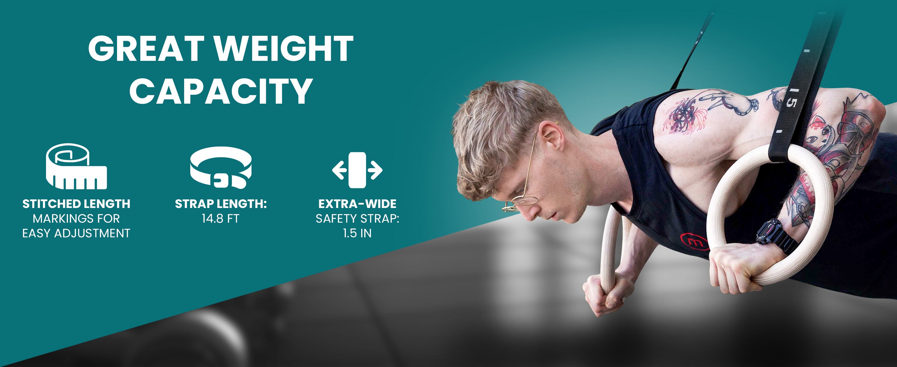 bemaxx Gym Rings with 450 cm straps – extra strong, wide safety straps with stitched length markers.